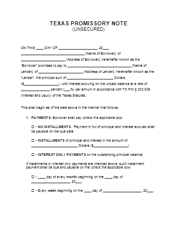 Free Texas Unsecured Promissory Note Template CocoSign