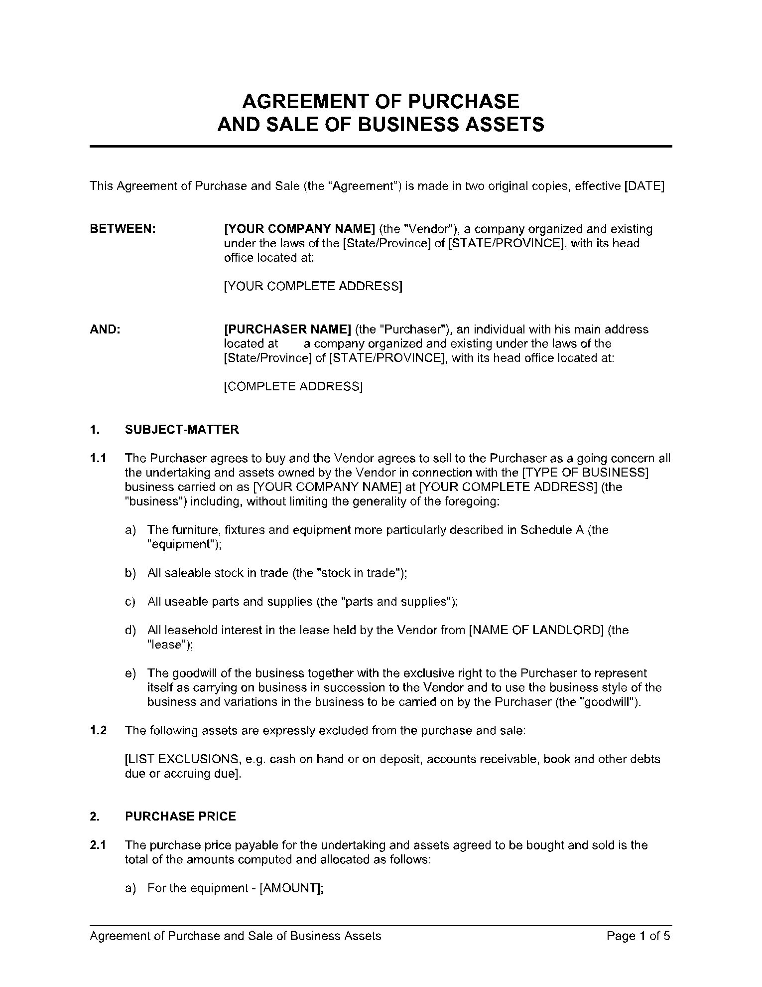 Business Sale Agreement