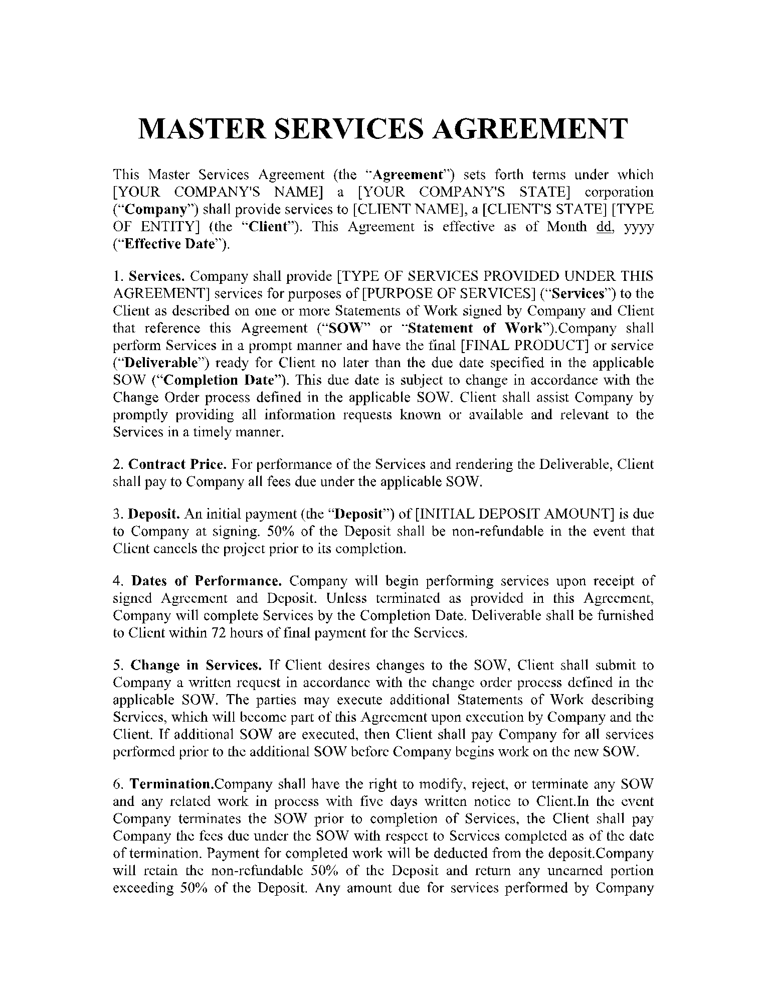 Master Service Agreement Template