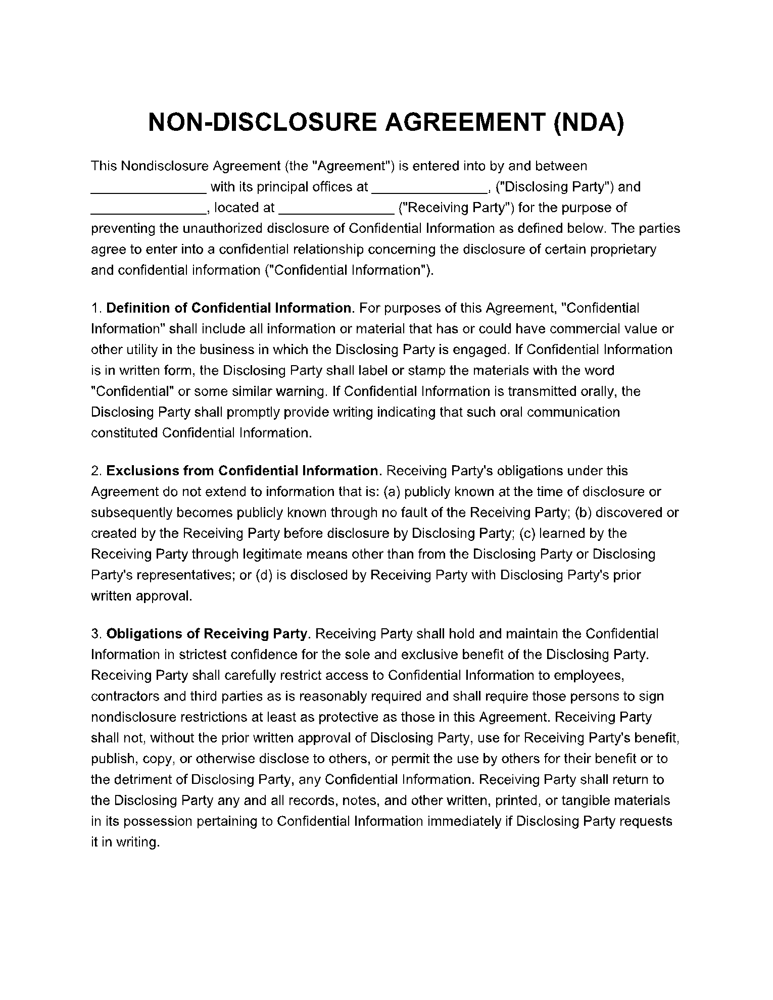 Non Disclosure Agreement Template 1