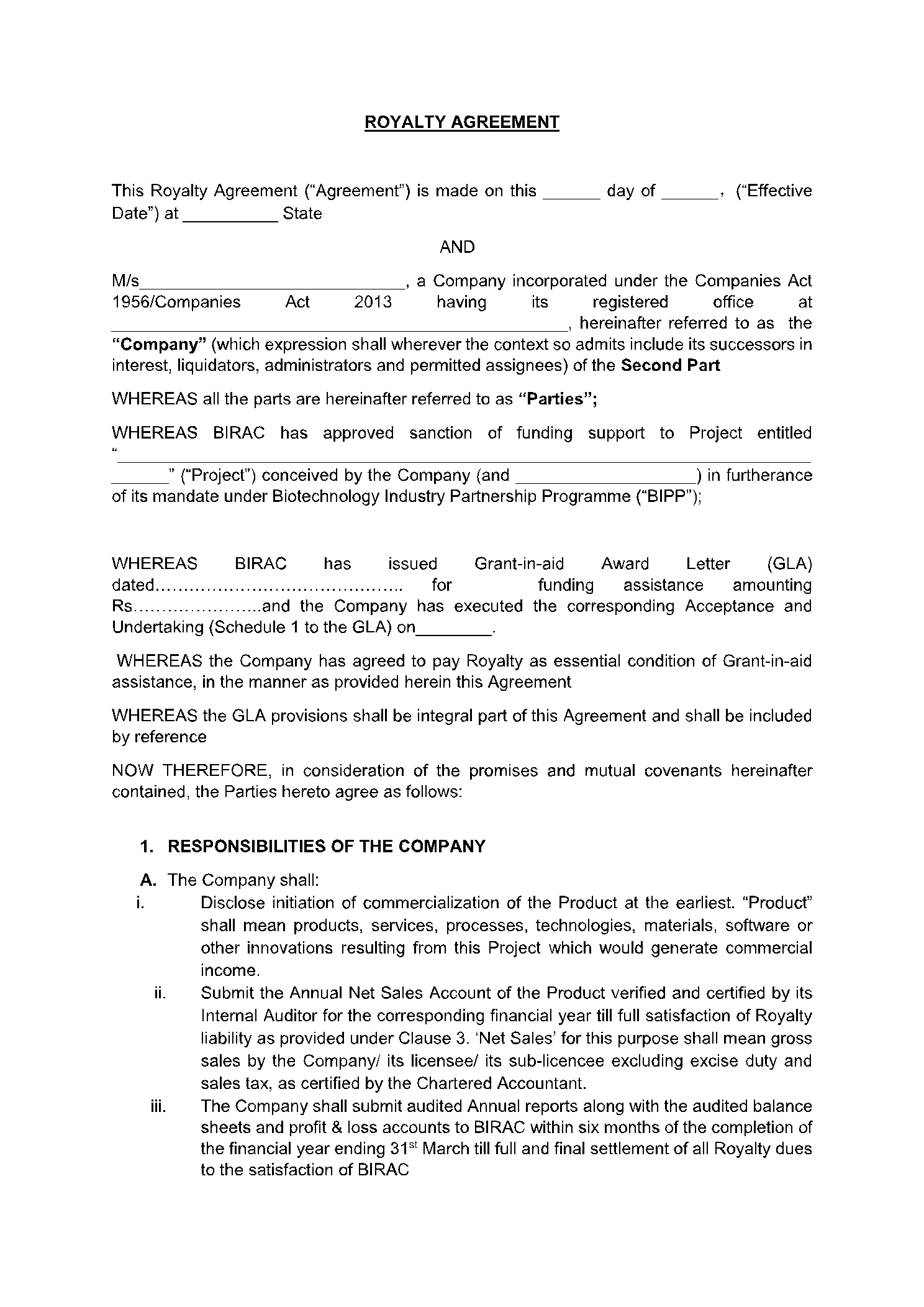 Simple Royalty Agreement Template