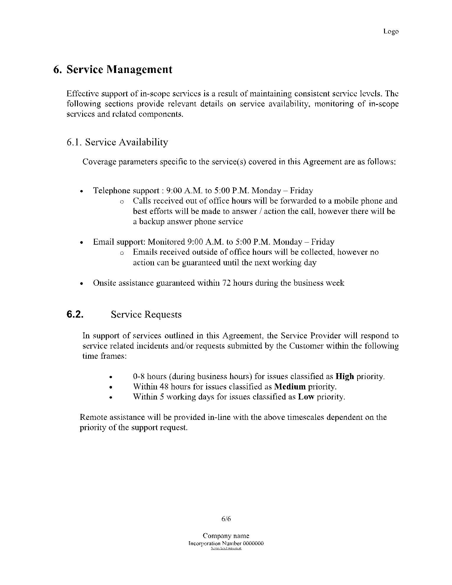 Service Level Agreement Template 6