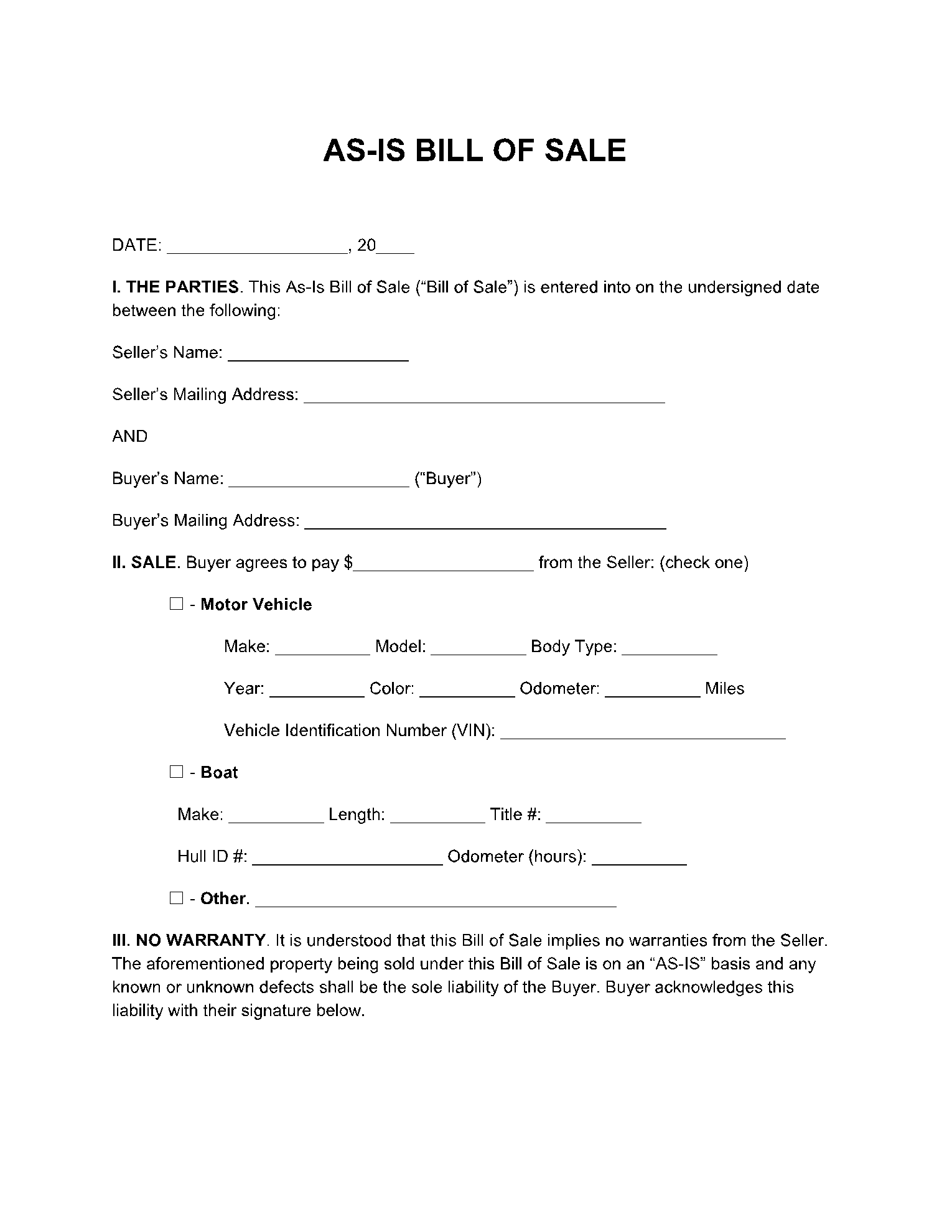 As-Is Bill of Sale