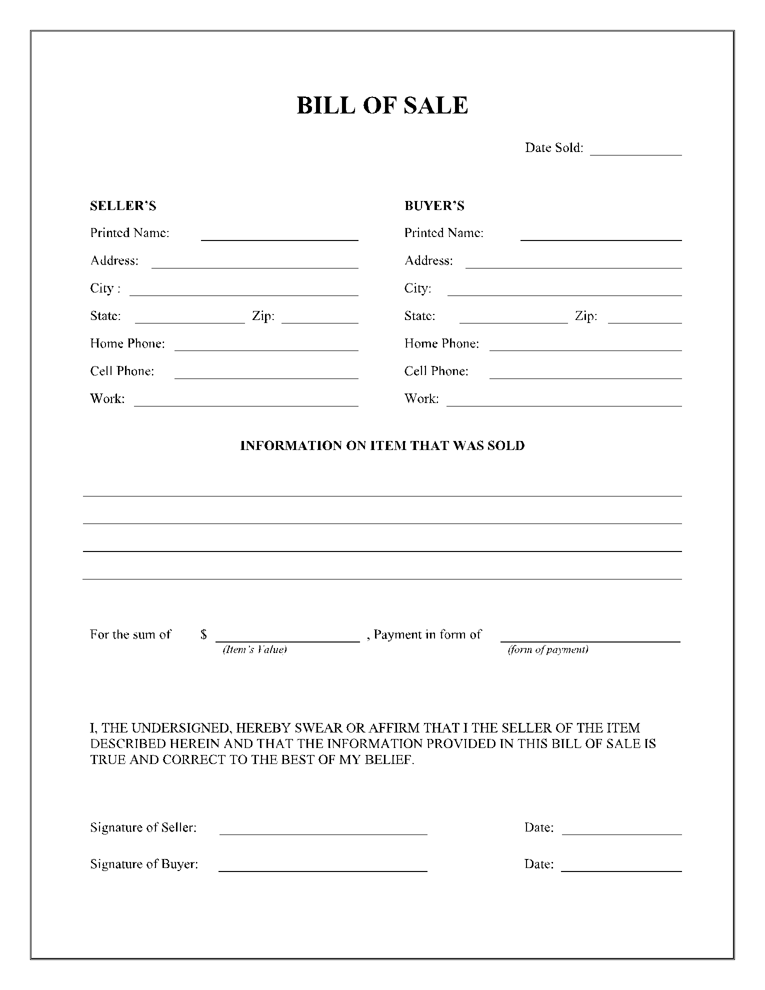 Printable General Bill Of Sale Template Word