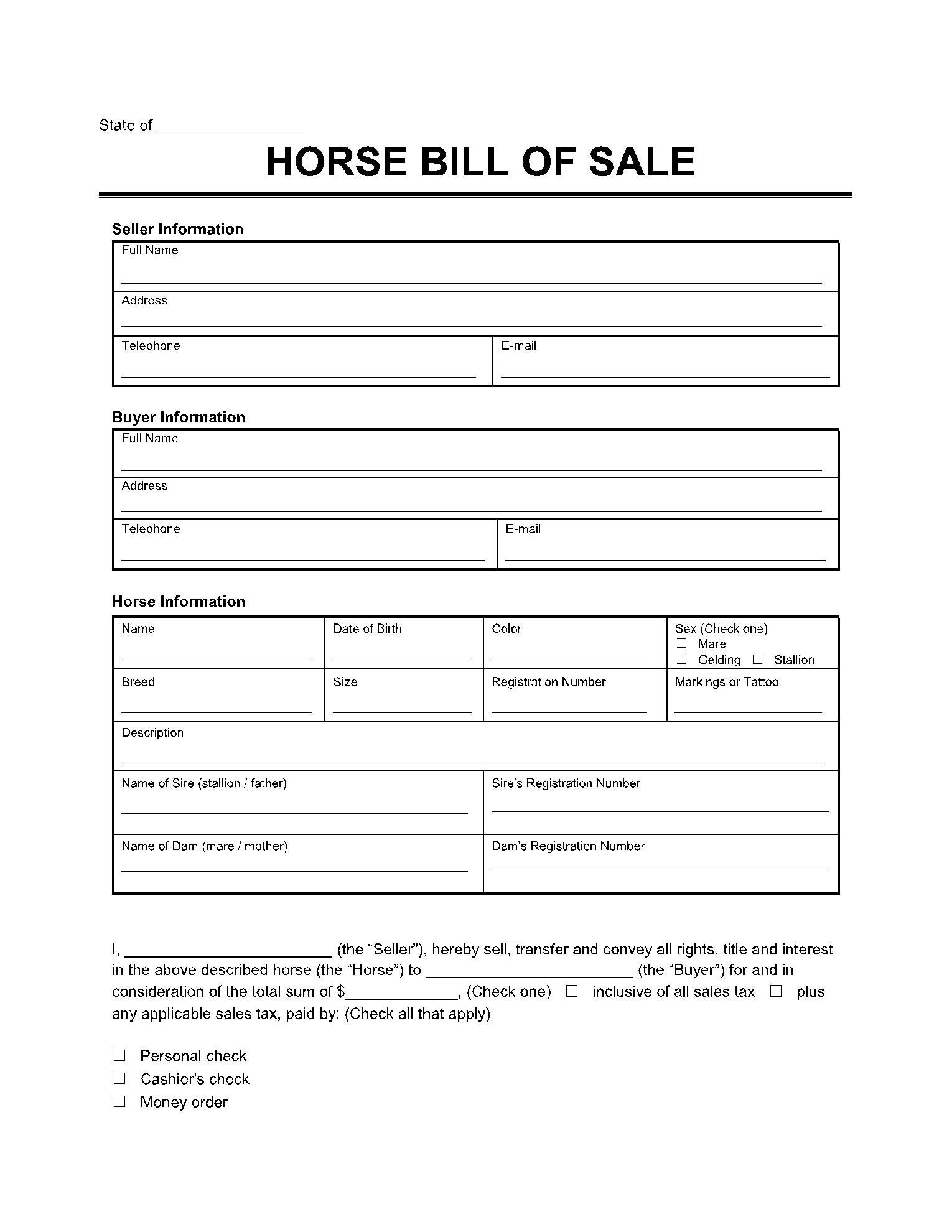 Horse Bill of Sale 1