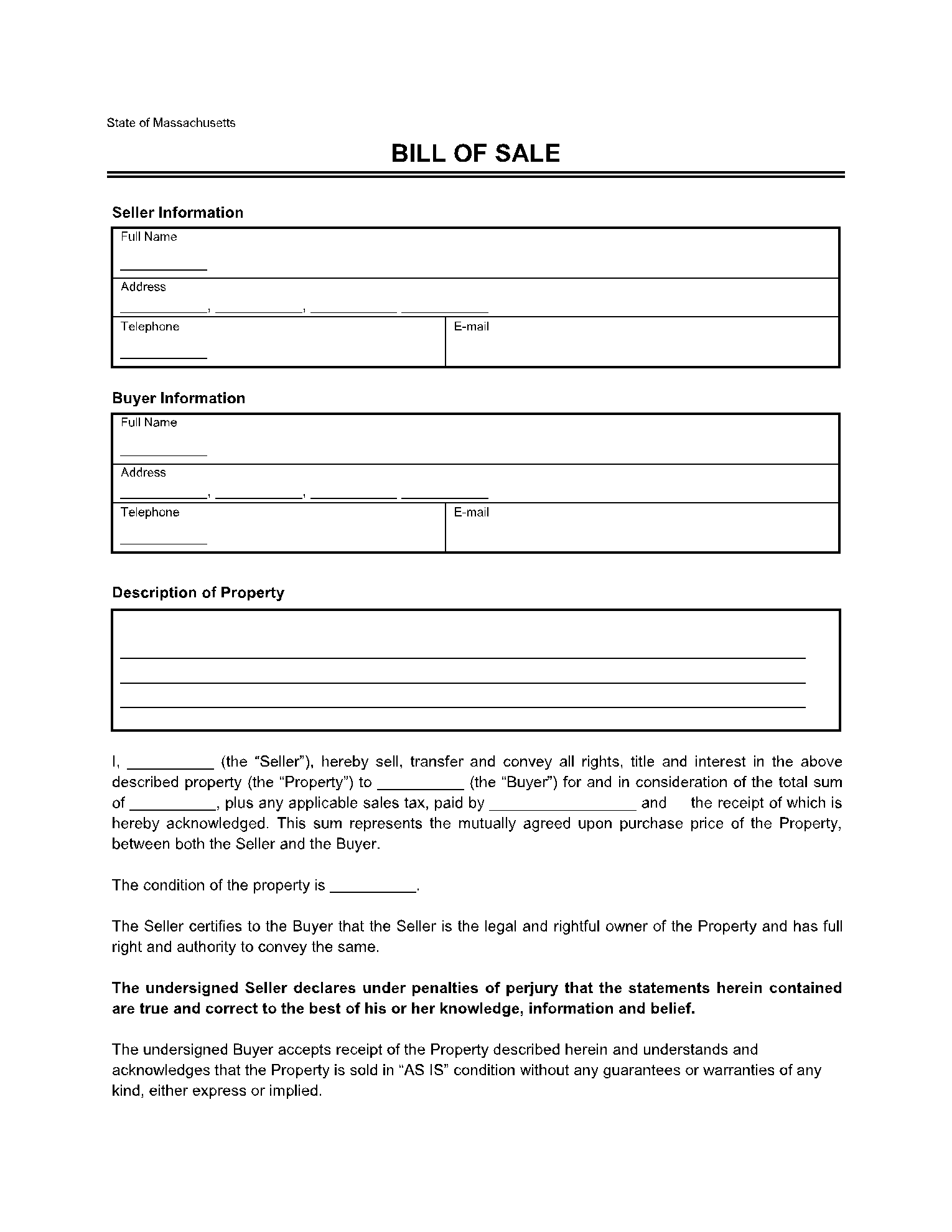 free template of massachusetts car bill of sale