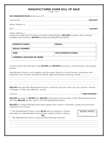 Free Mobile (Manufactured) Home Bill of Sale Template | CocoSign