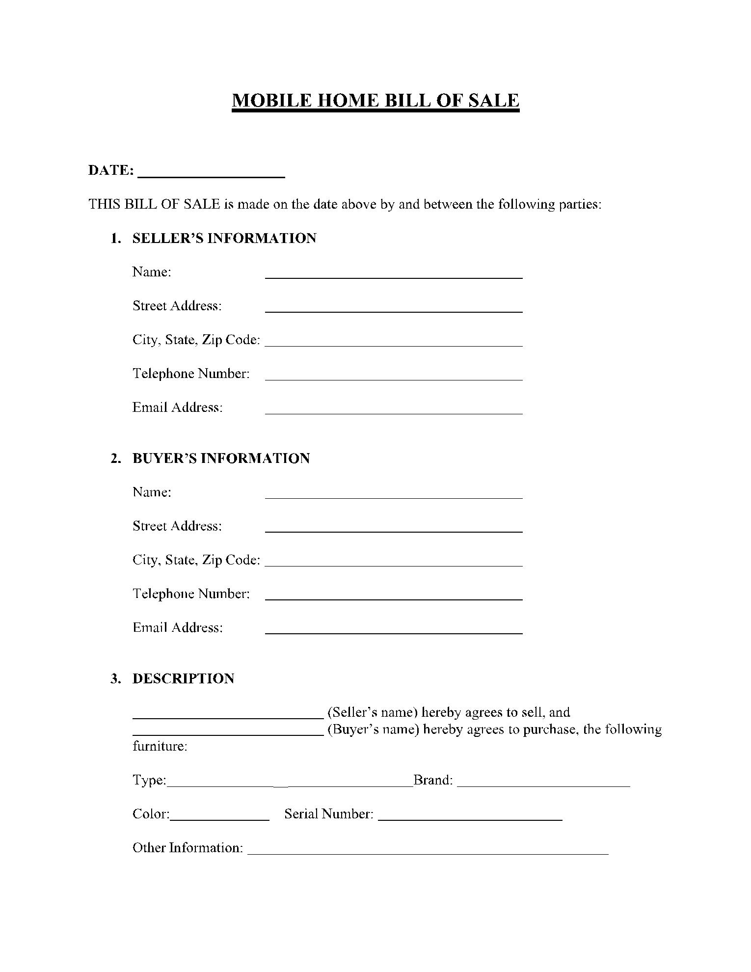 Free Mobile (Manufactured) Home Bill of Sale Template | CocoSign