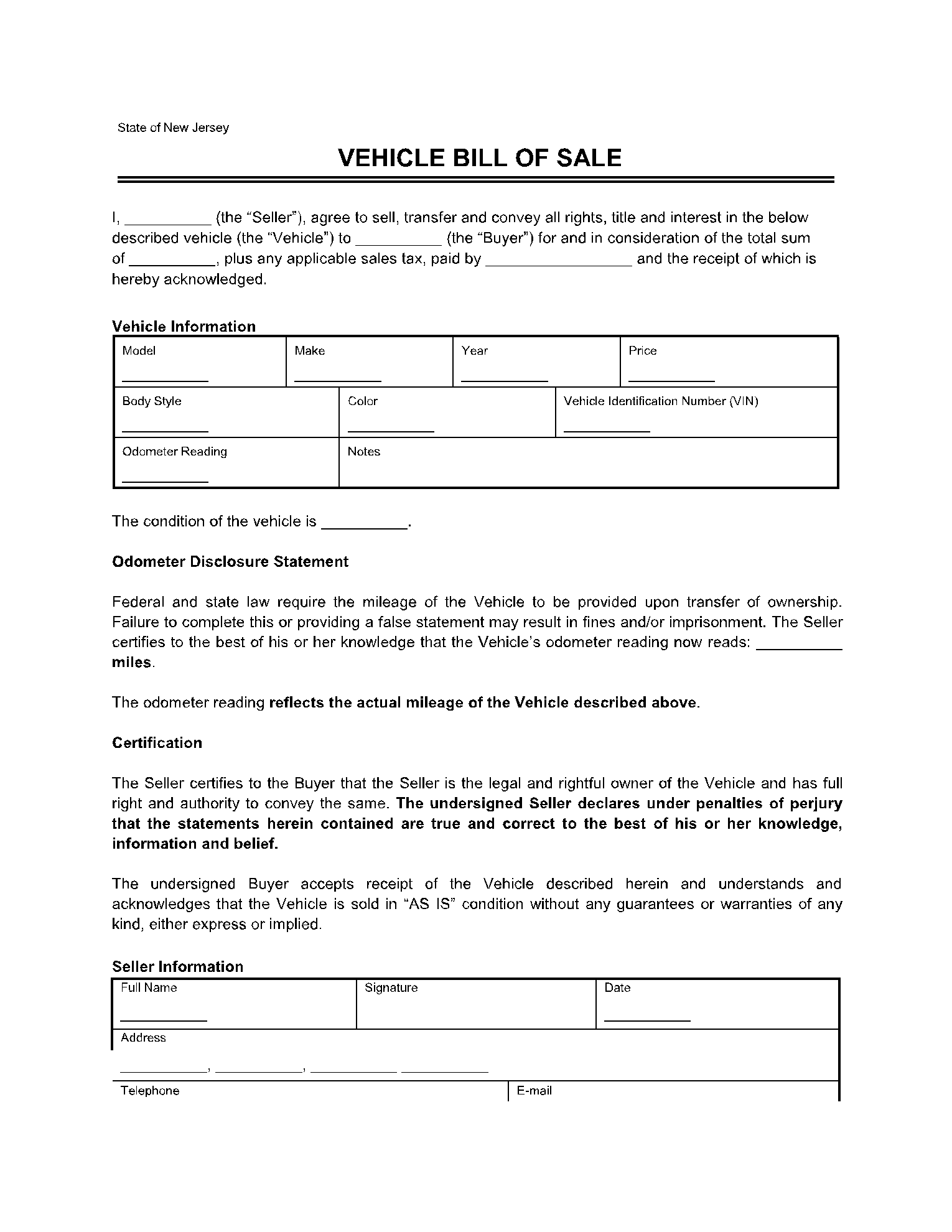 Free New Jersey General Bill of Sale Form, PDF