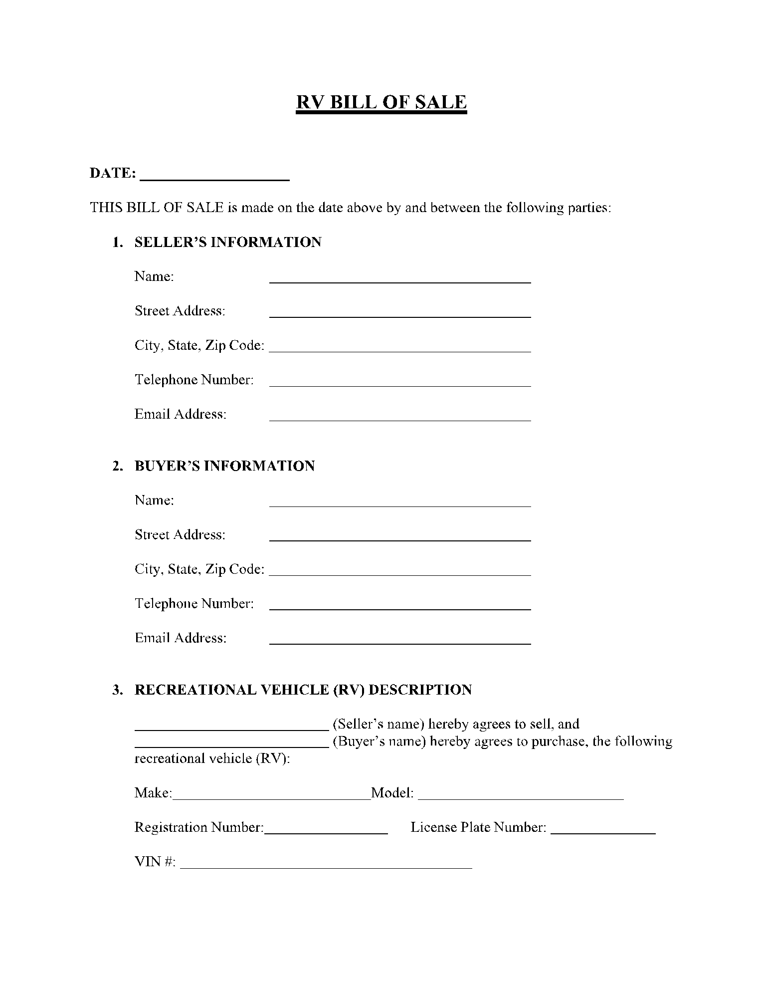 Recreational Vehicle RV Bill Of Sale 1