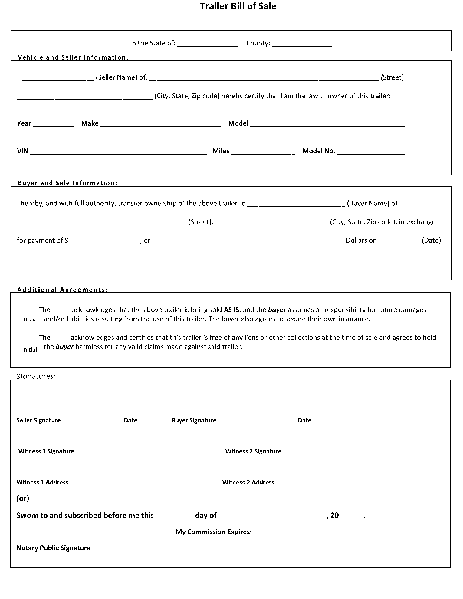 Bill of Sale for Trailer