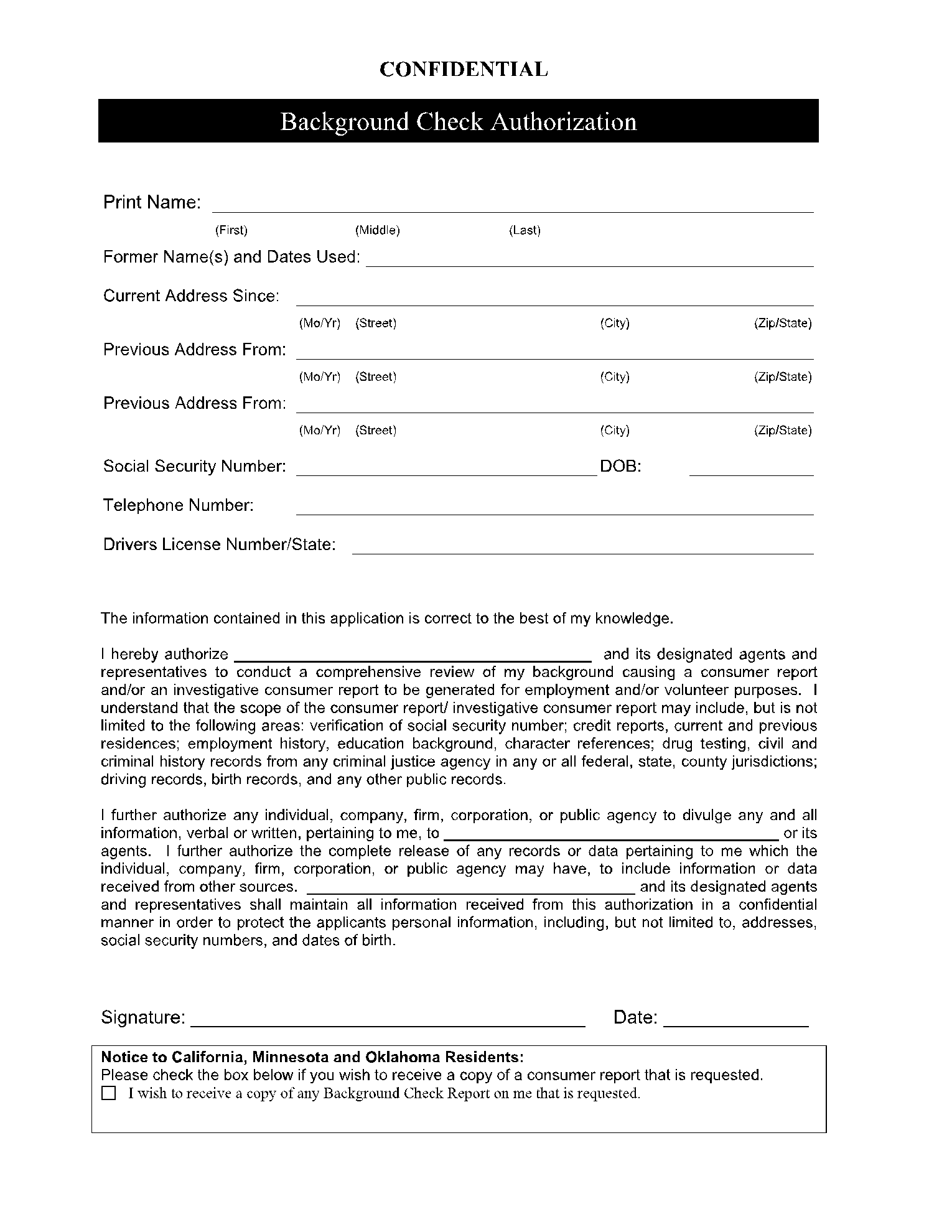 Background Check Authorization Consent Form 4250