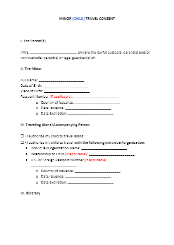 Free Minor (Child) Travel Consent Form Template | CocoSign