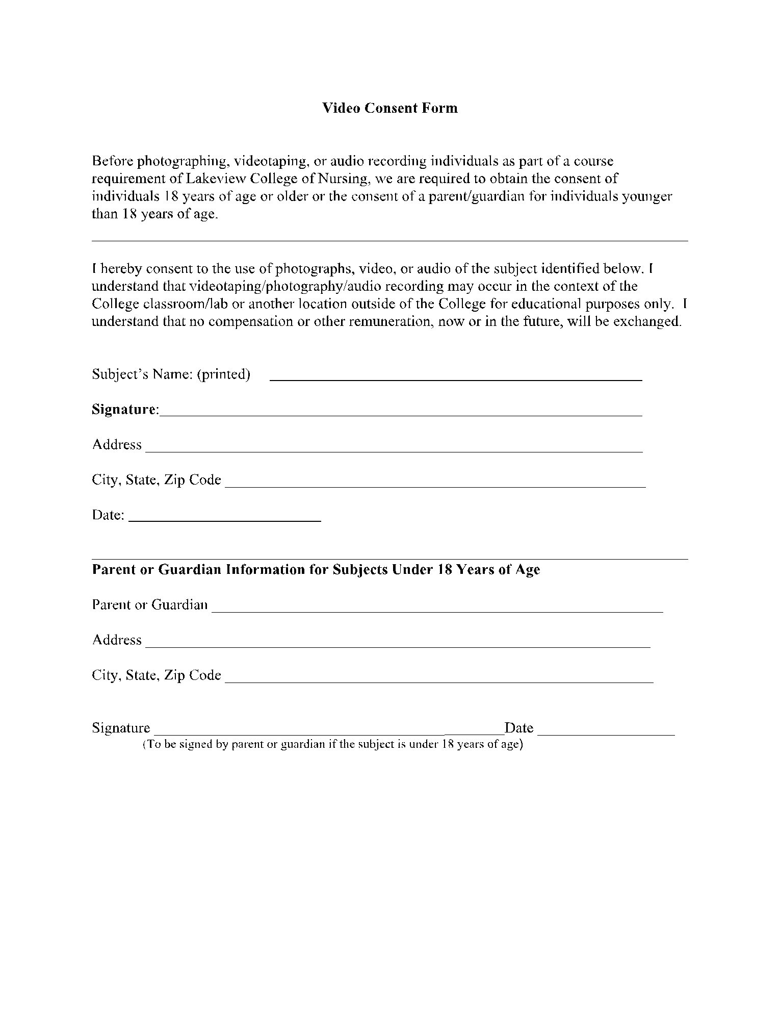 Video Recording Consent Form Template