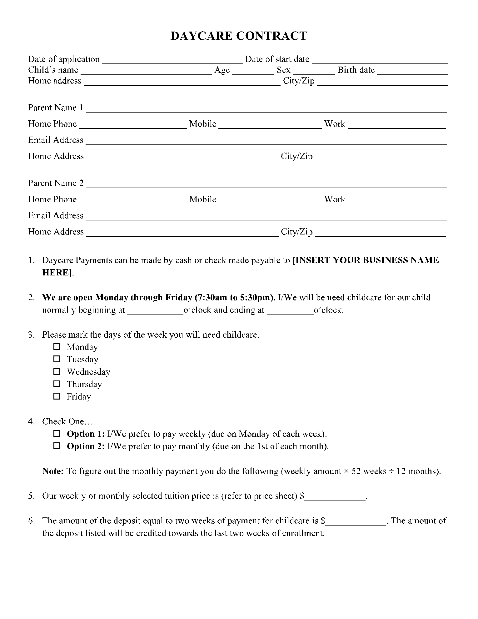 Printable Daycare Contract Template