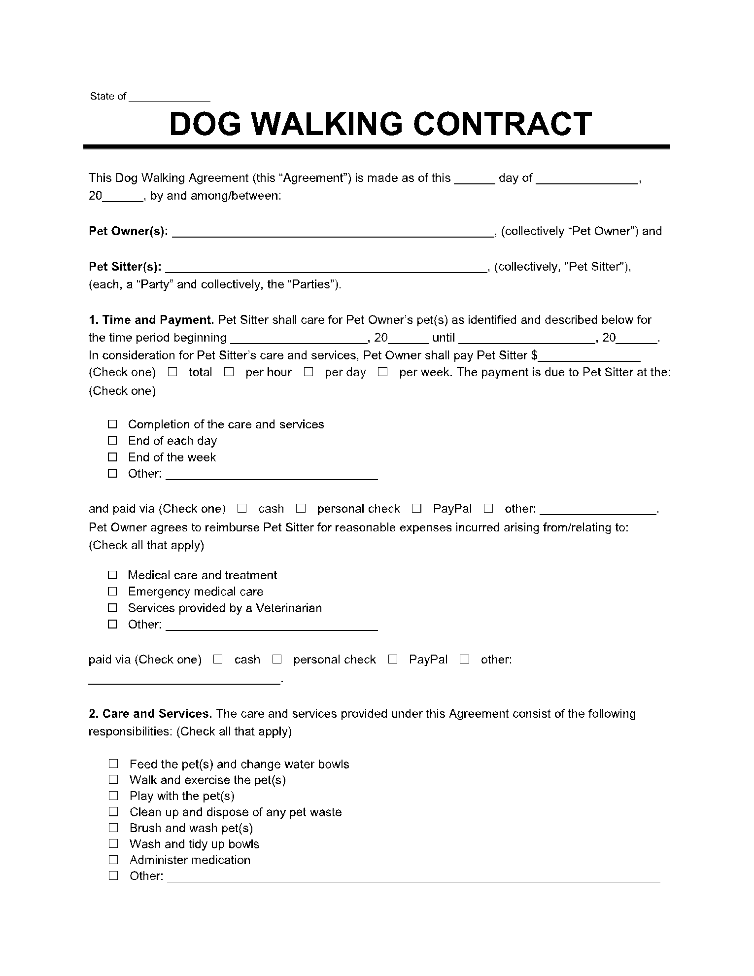 Dog Walking Contract Template Download Printable PDF Templateroller