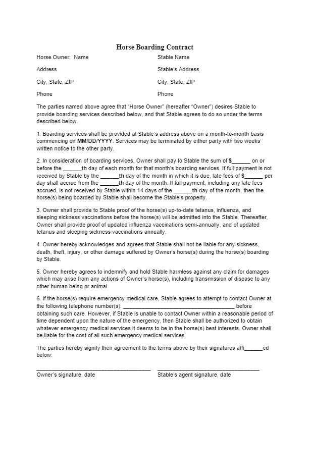 Horse Boarding Contract Template Free Sample CocoSign
