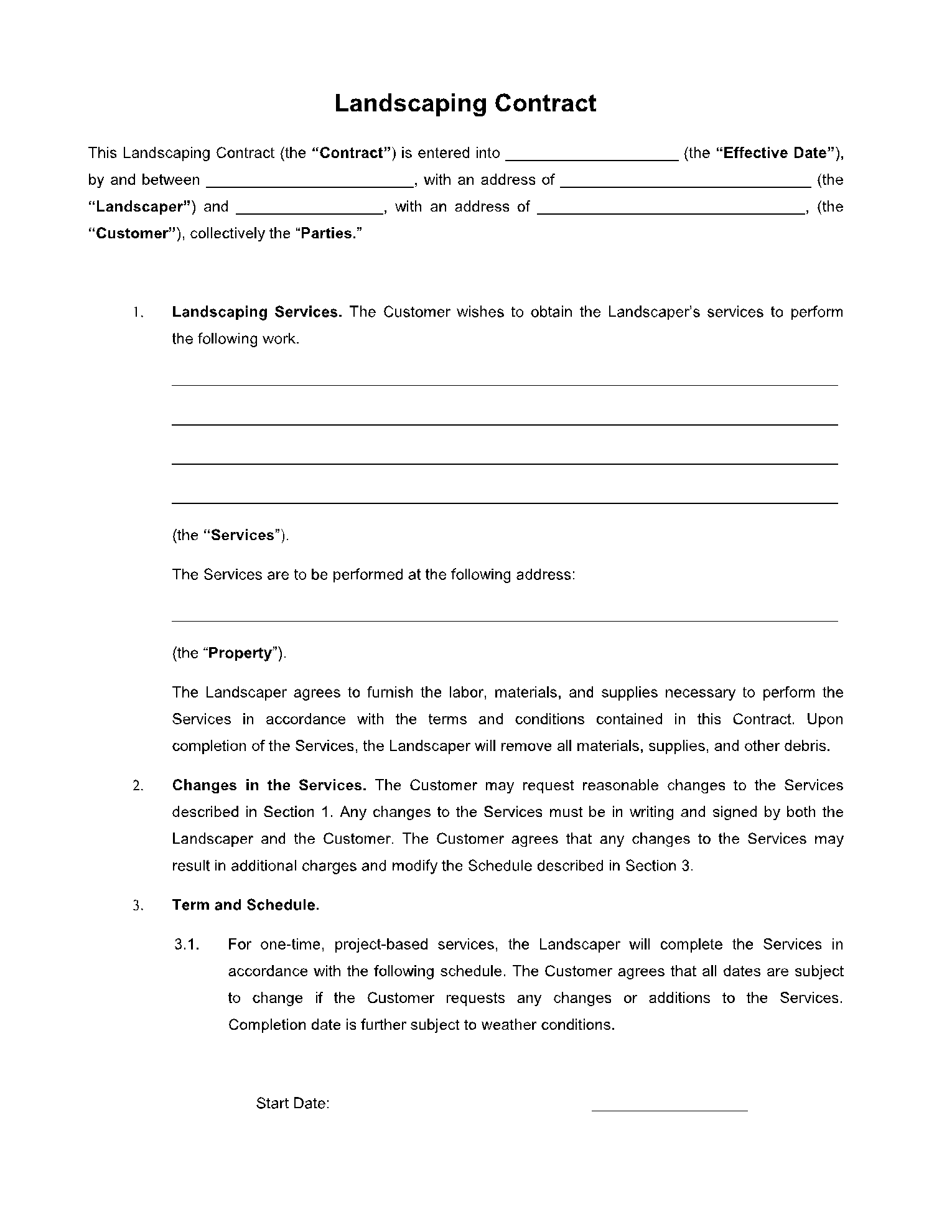 Blank Landscaping Contract Template