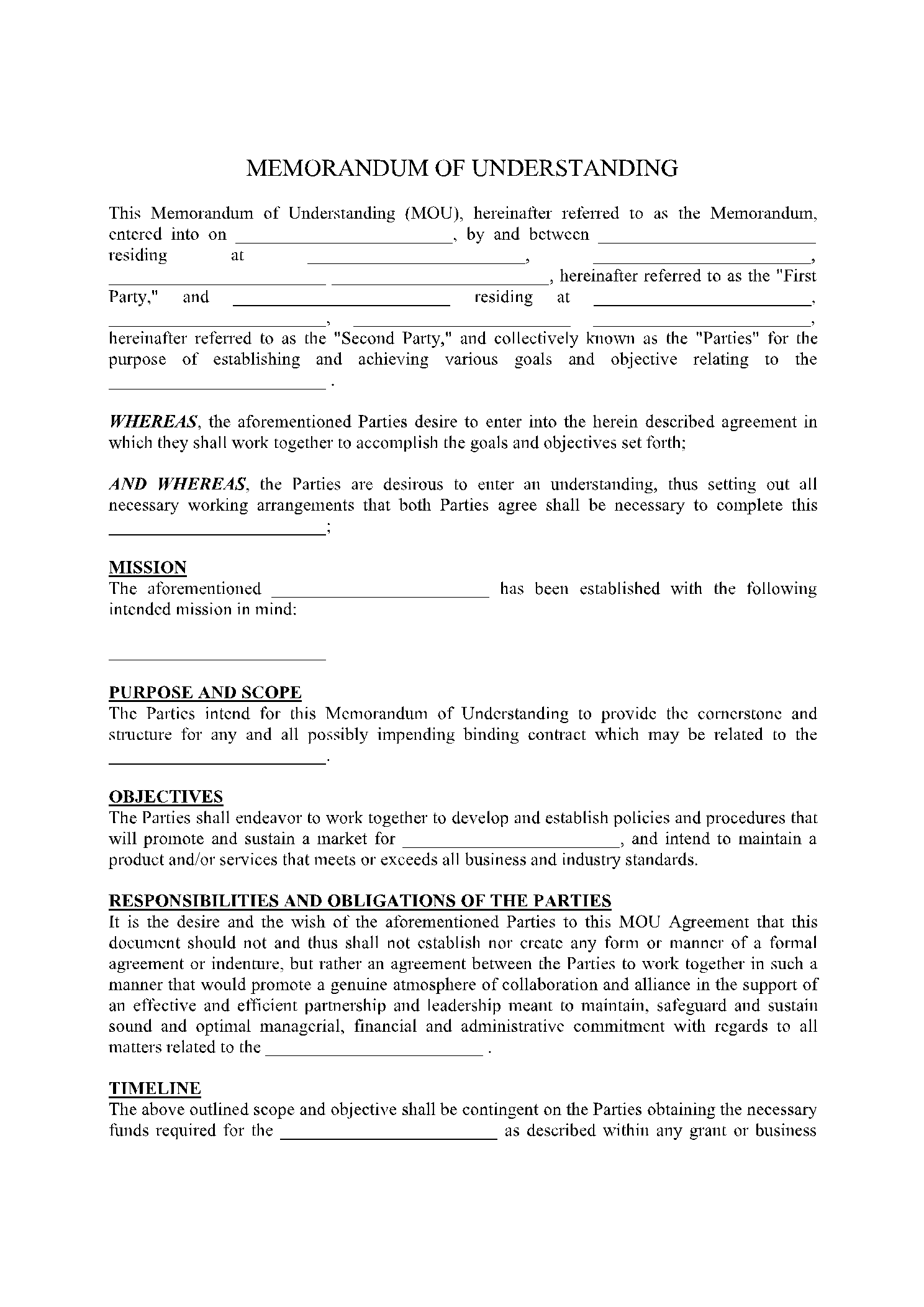 agreement of understanding template