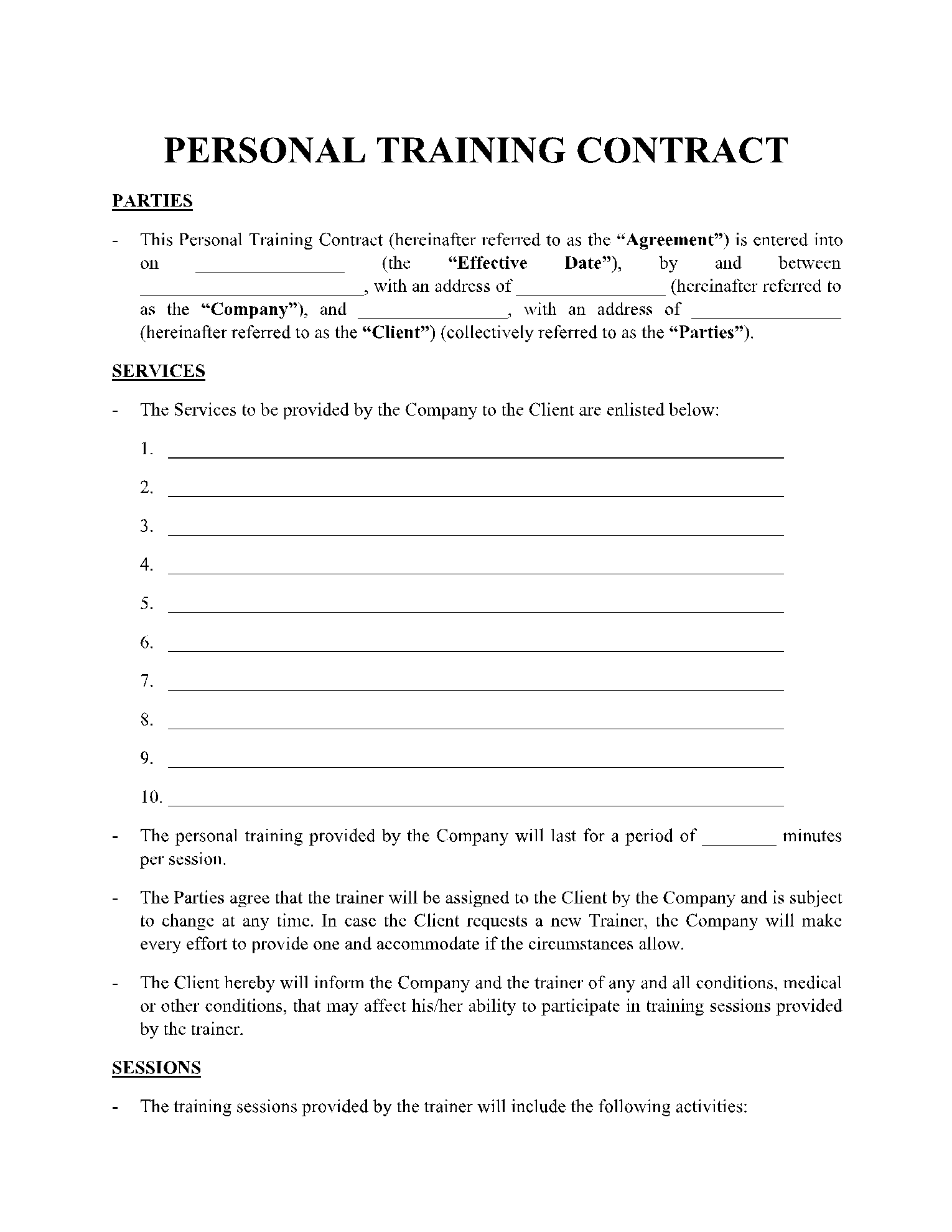 personal trainer client contract template