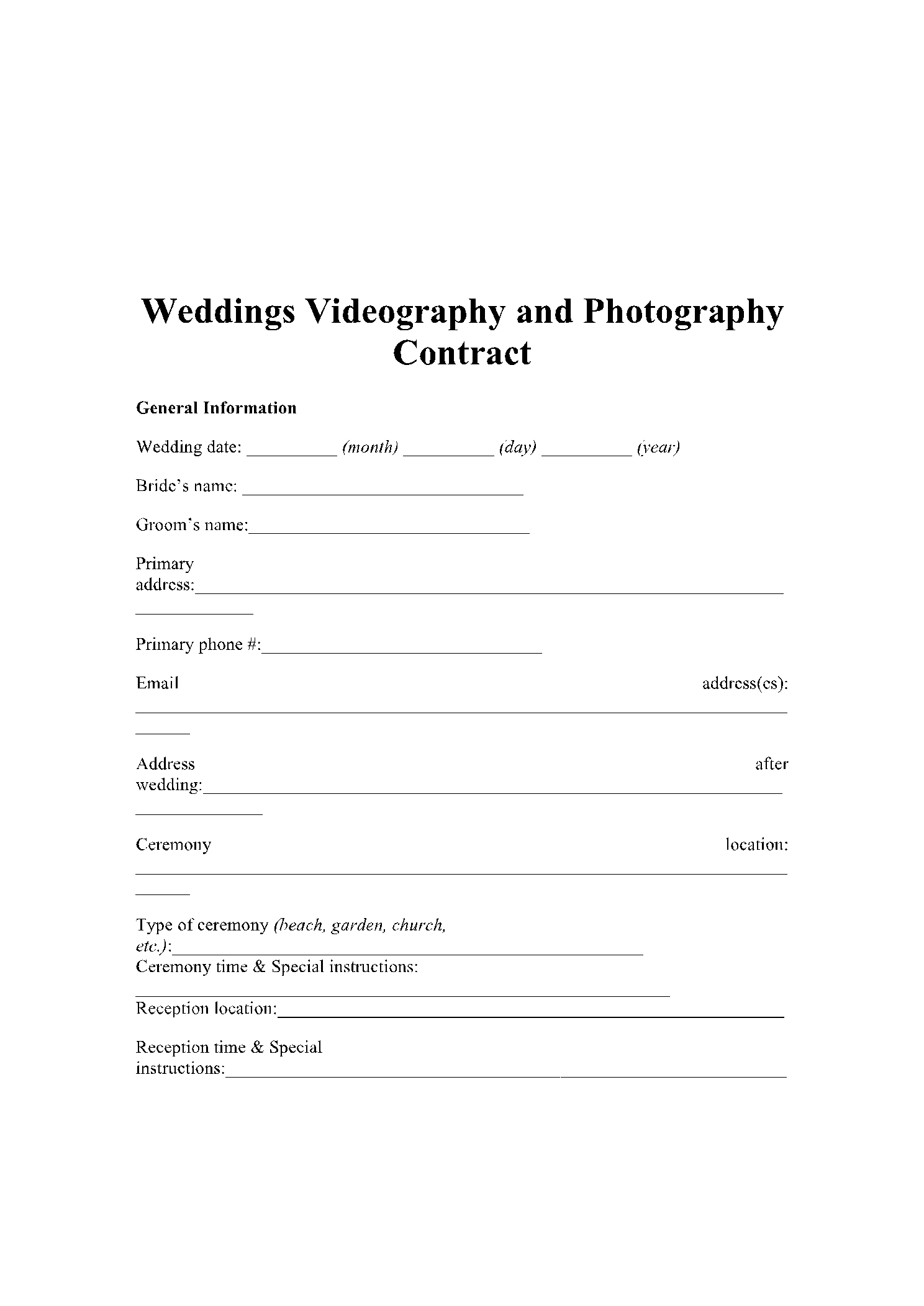 Wedding Videography Contract