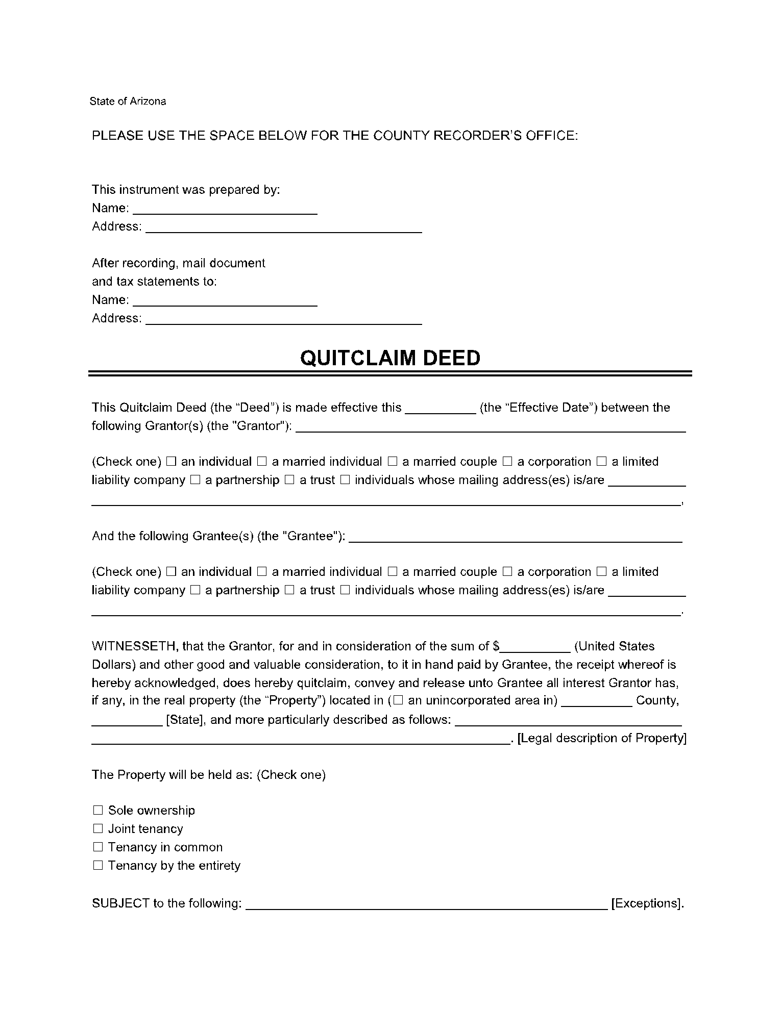 Arizona Quit Claim Deed Form