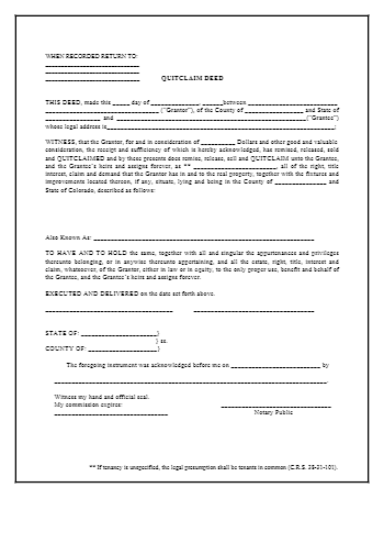 Colorado Quit Claim Deed Form (100% Free) | CocoSign