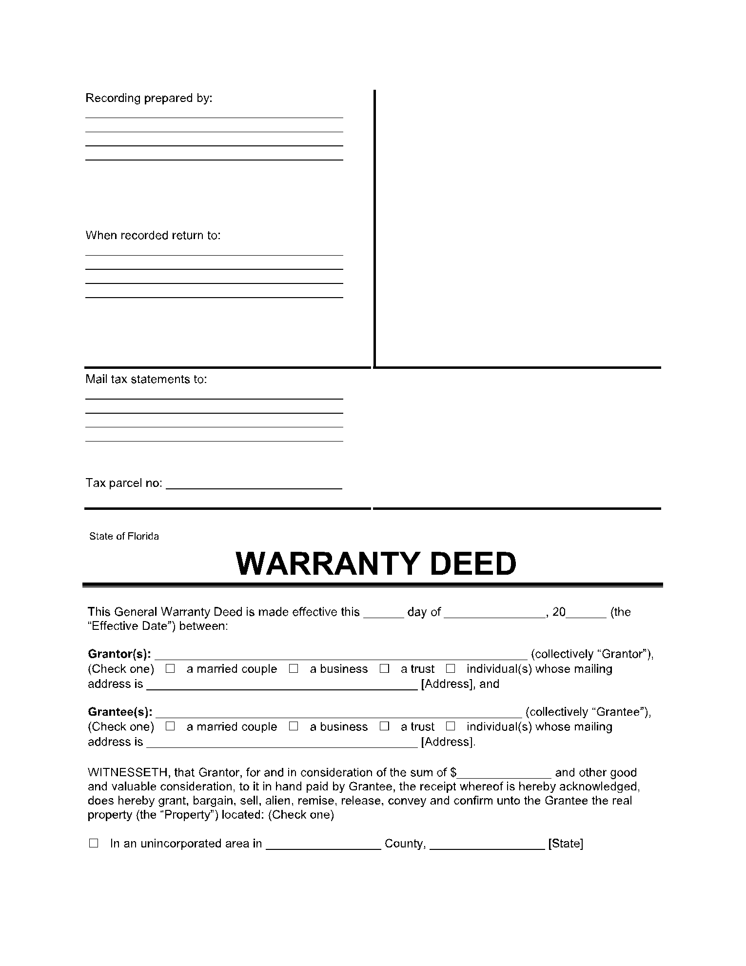 Florida General Warranty Deed Form 1