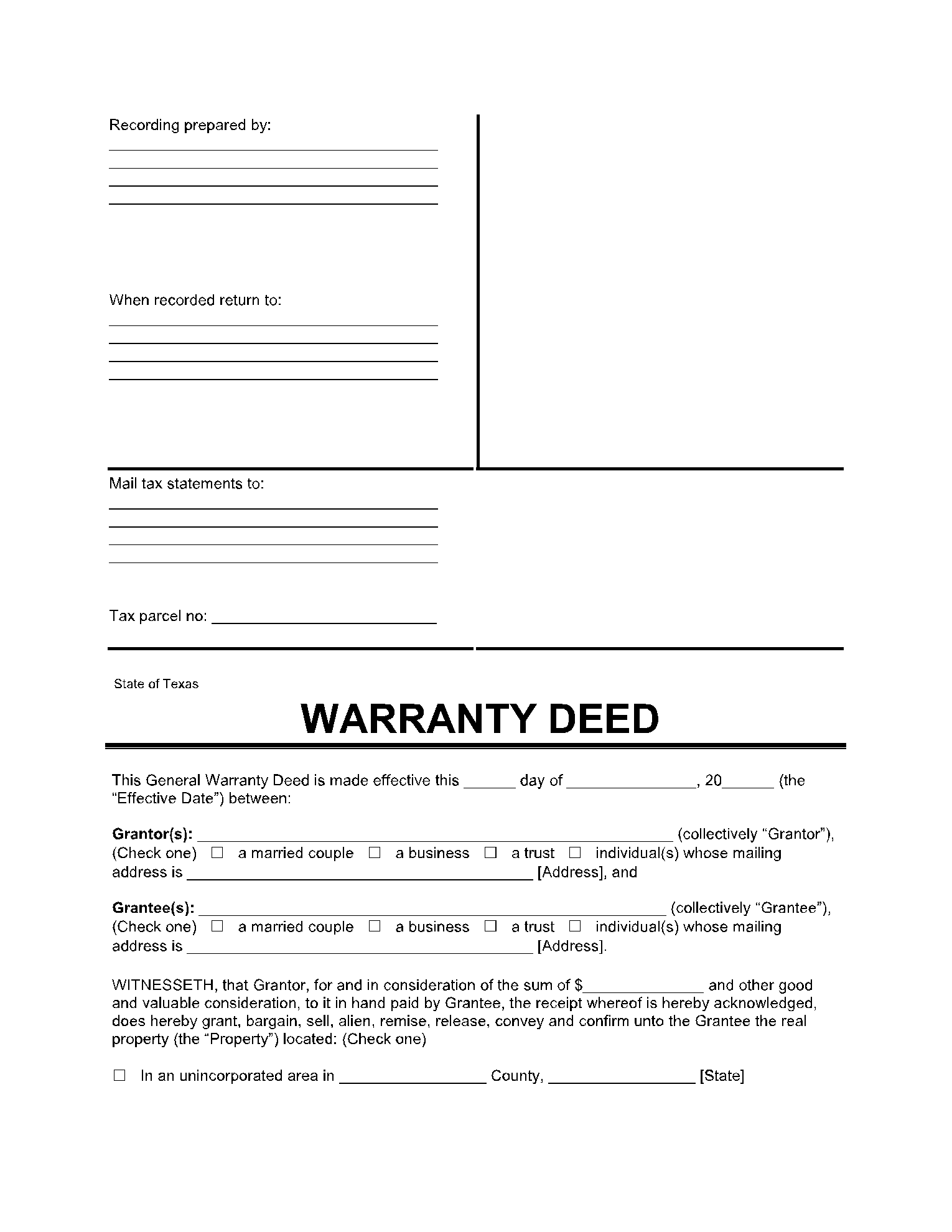 Texas Deed Without Warranty Template