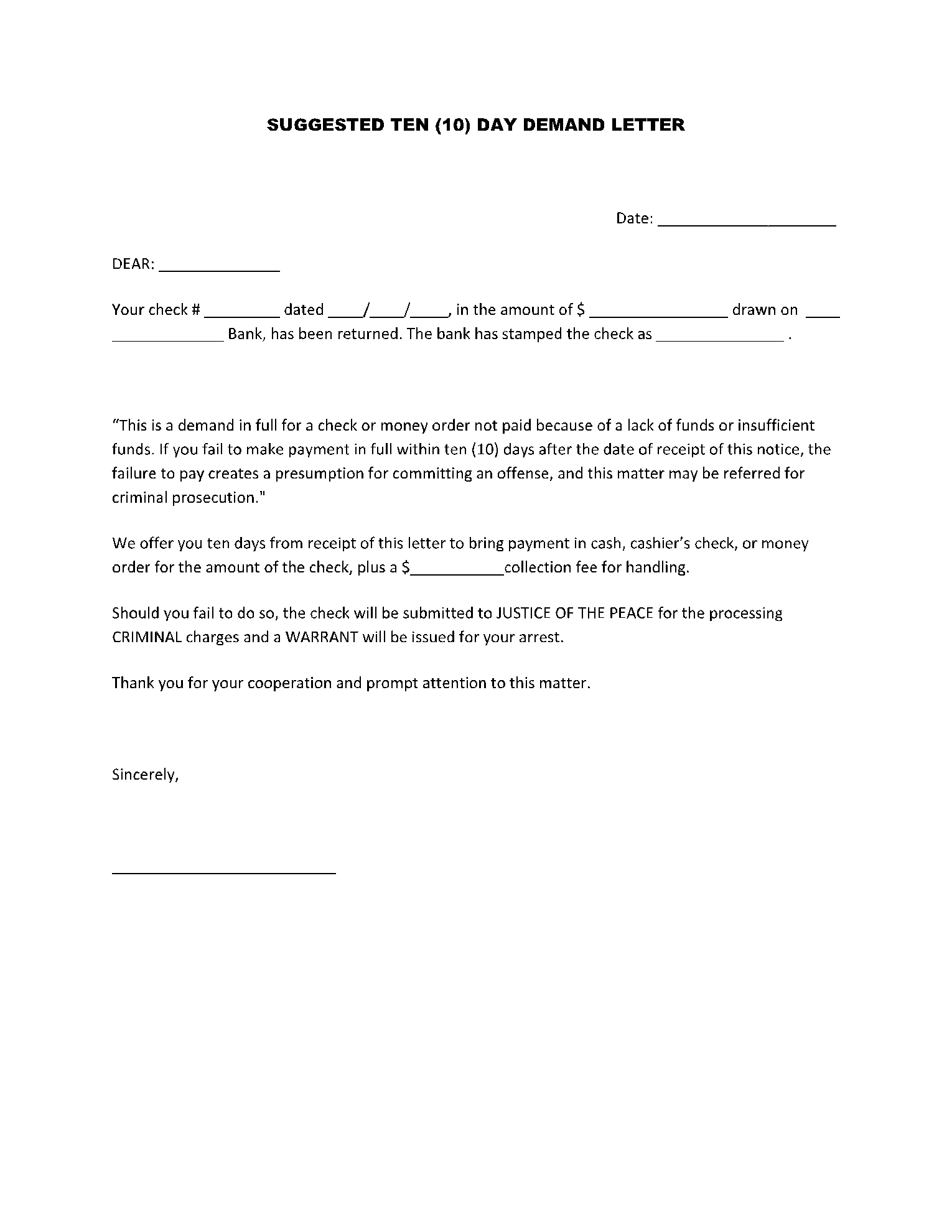 template letter for bank charges