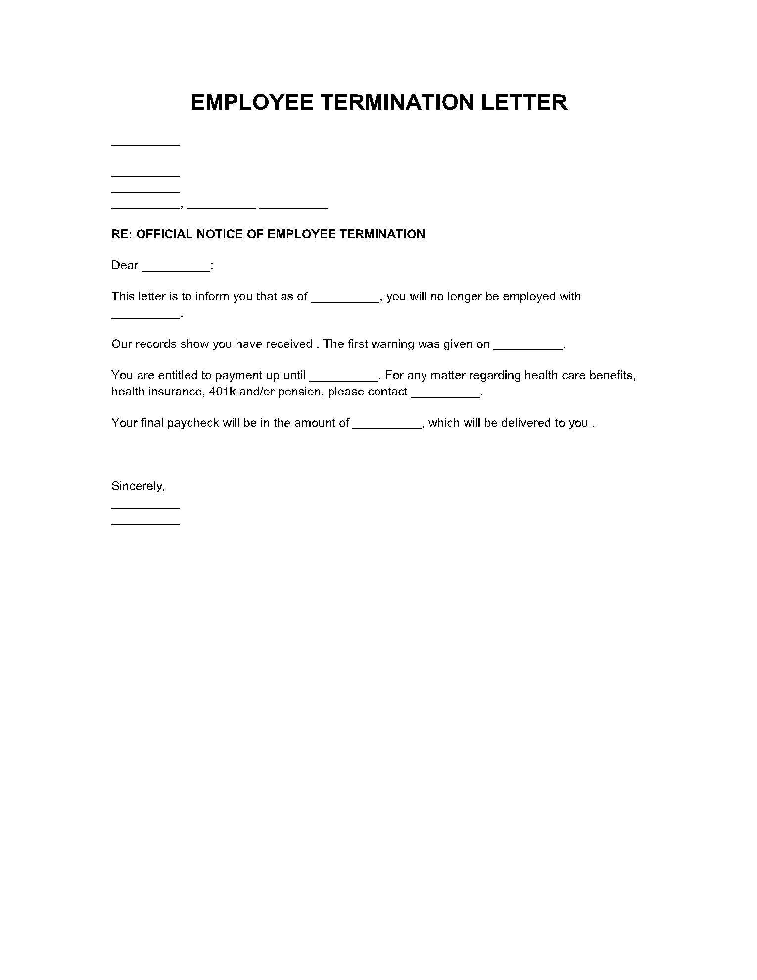 Employee Termination Letter Template Word