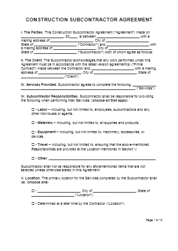 Construction Subcontractor Agreement Template | Free Sample