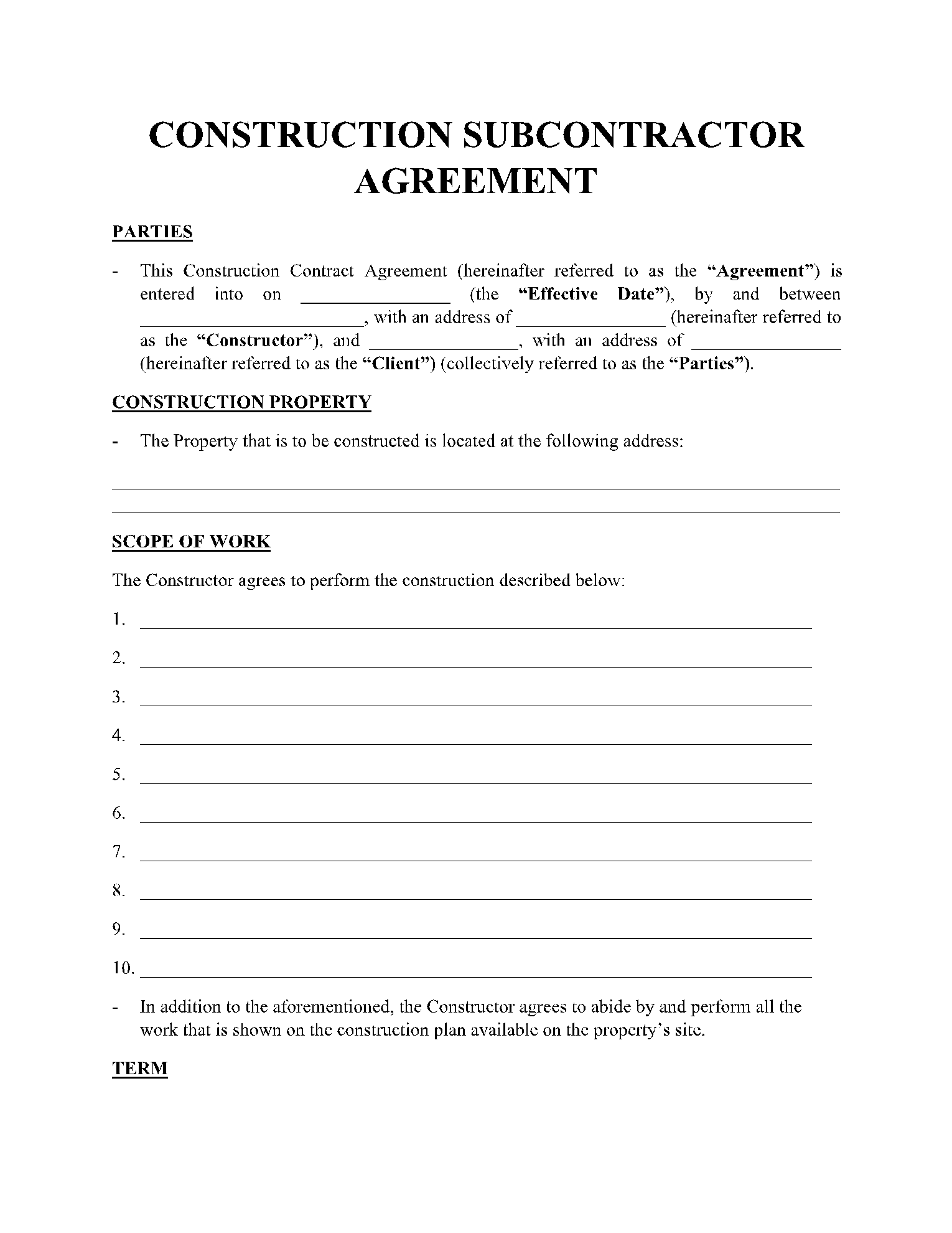 Construction Subcontractor Agreement