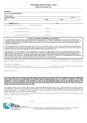 free california 3 day notice to pay or quit form cocosign