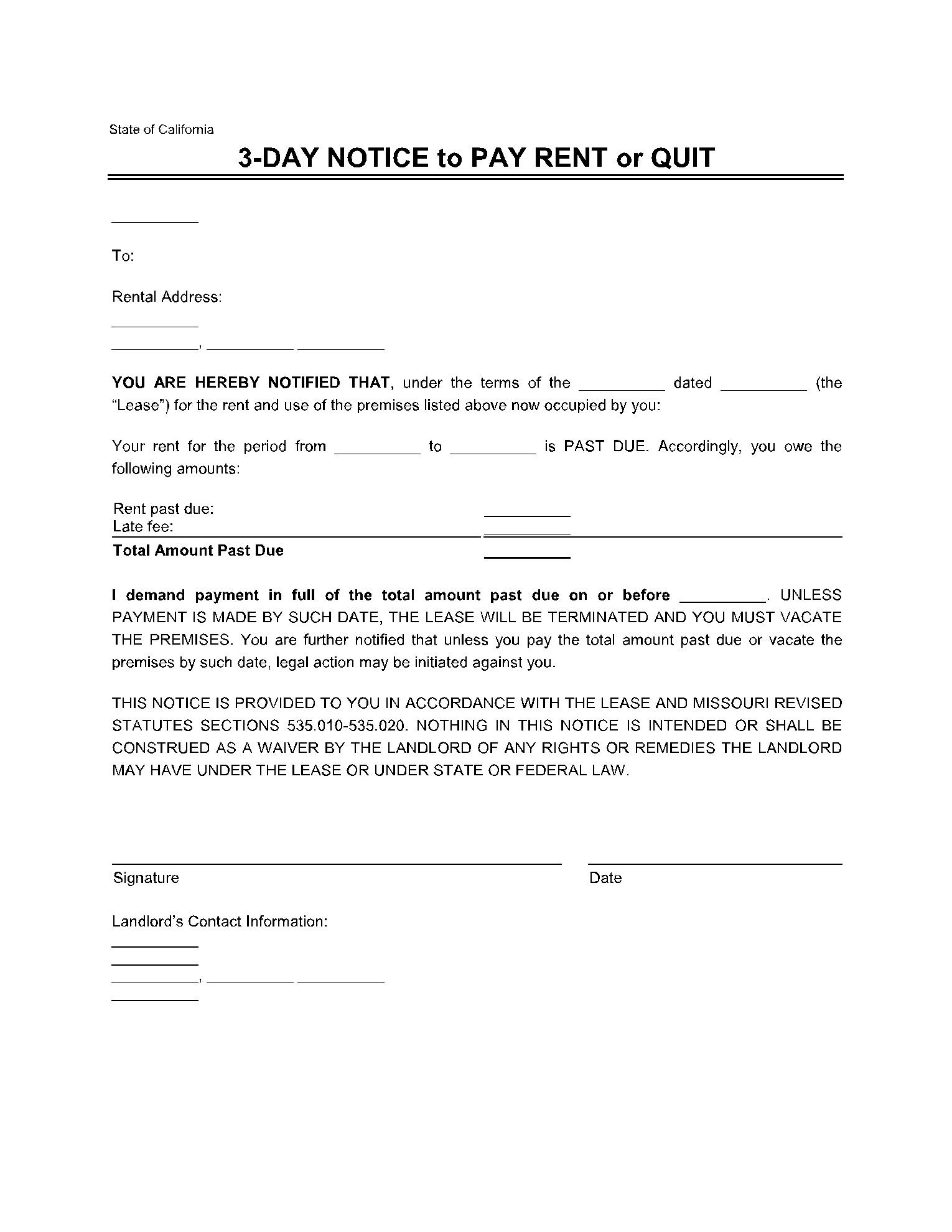 California 3 Day Notice Fillable Form Printable Forms Free Online