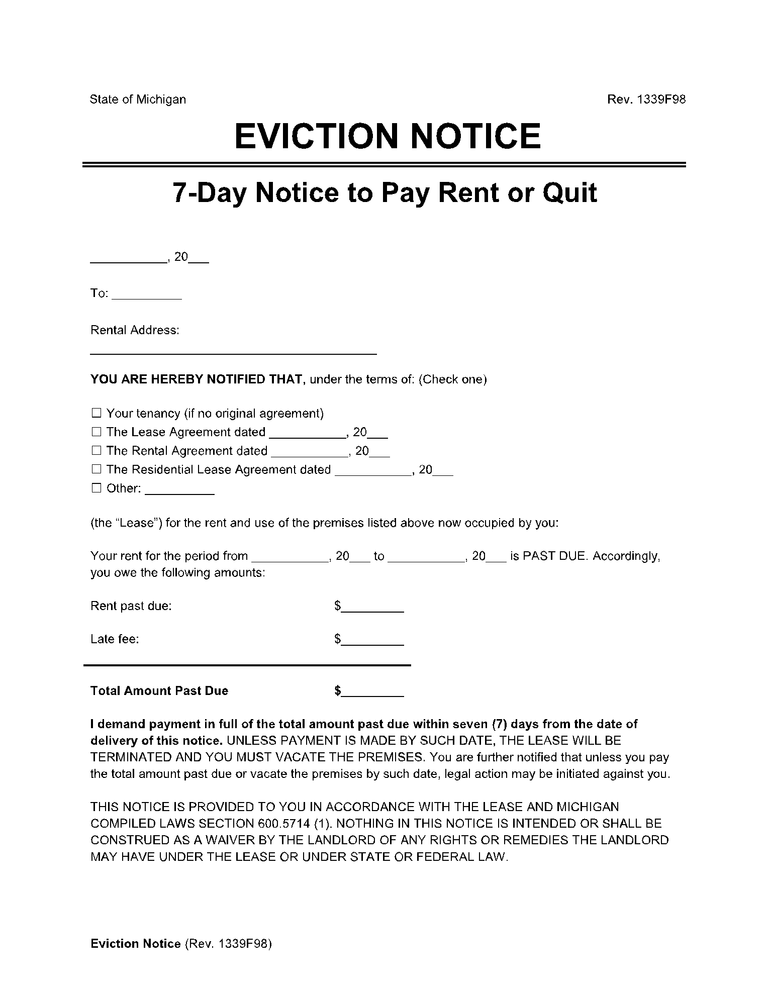 Michigan Eviction Notice 1