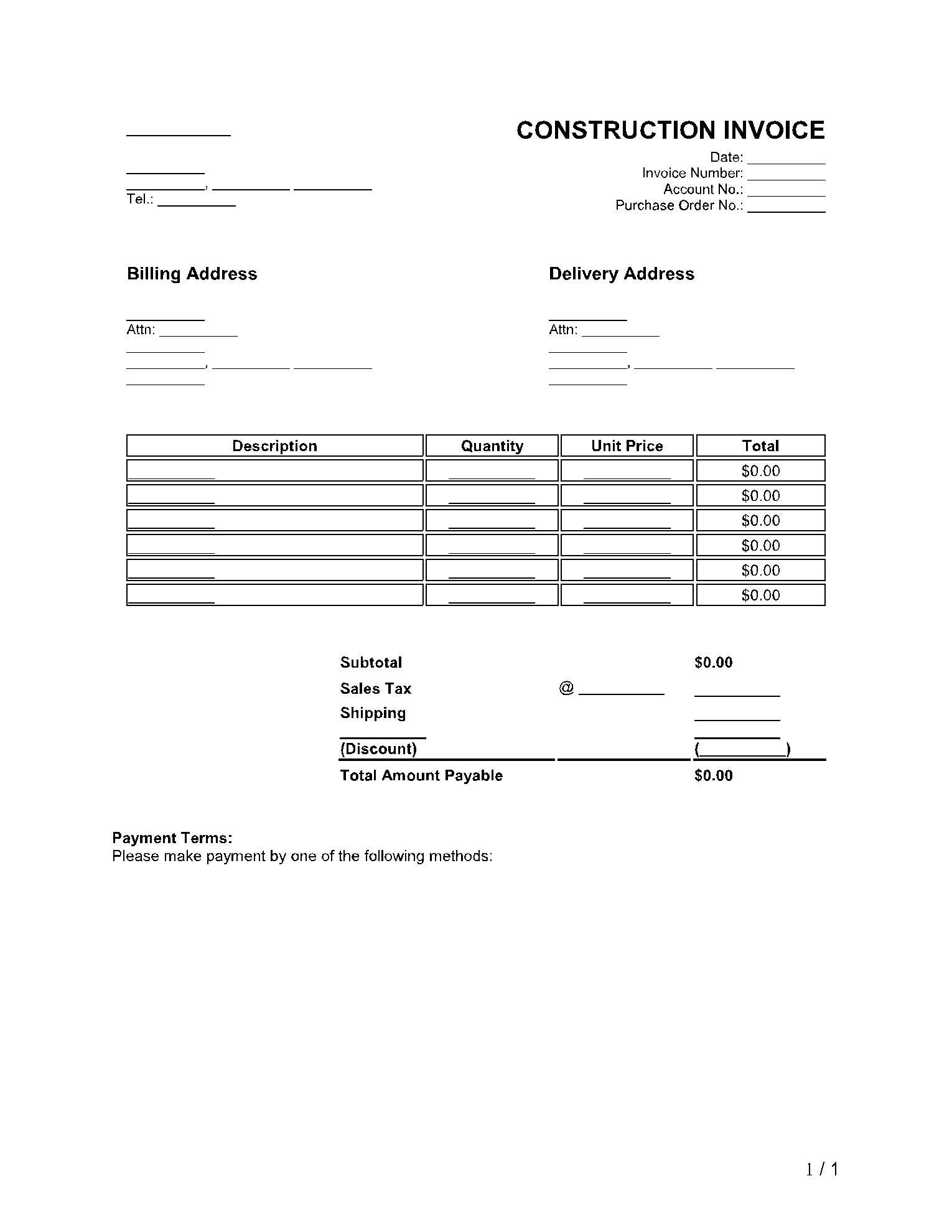 Construction Invoice Template Excel