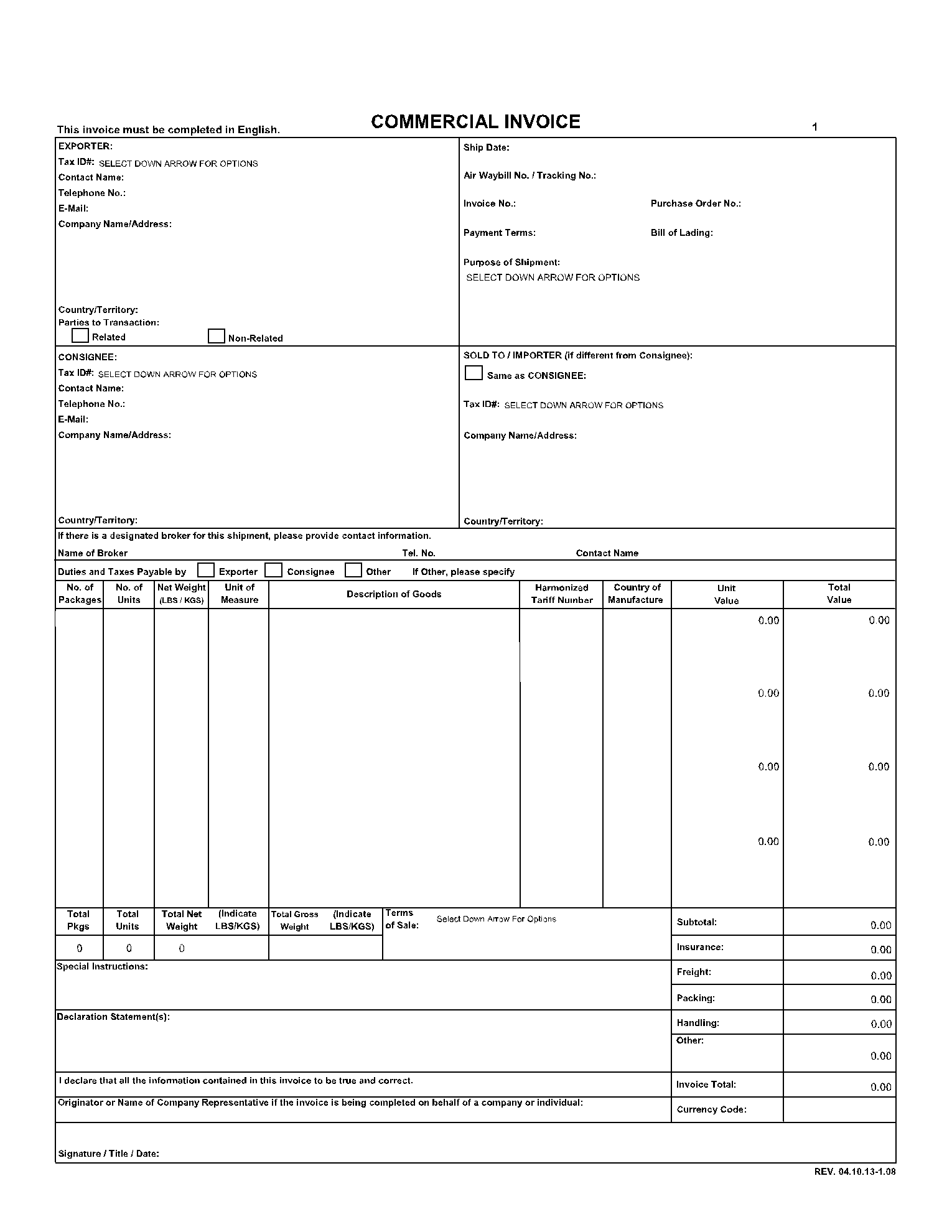 fedex commercial invoice blank