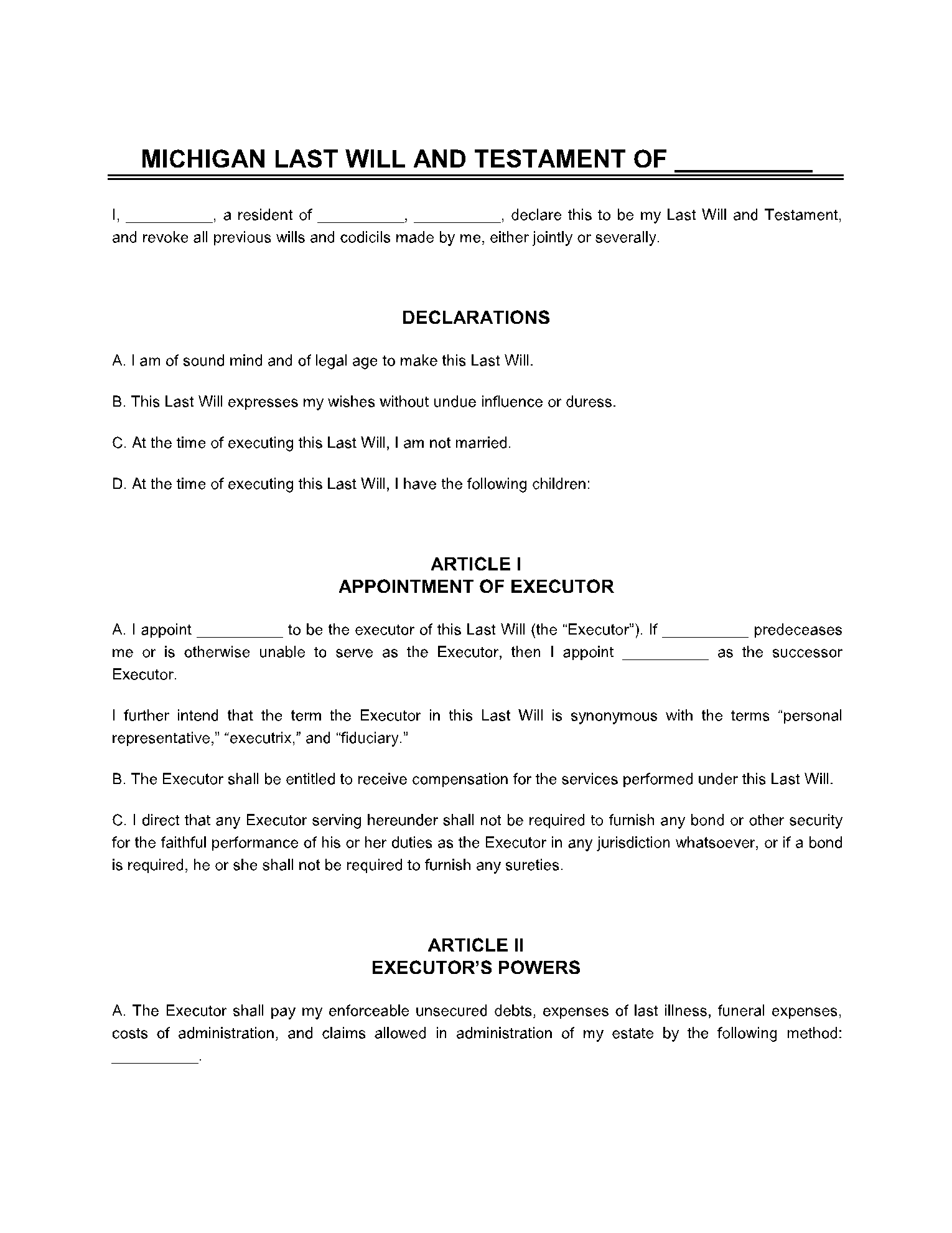 Last Will And Testament Michigan 1