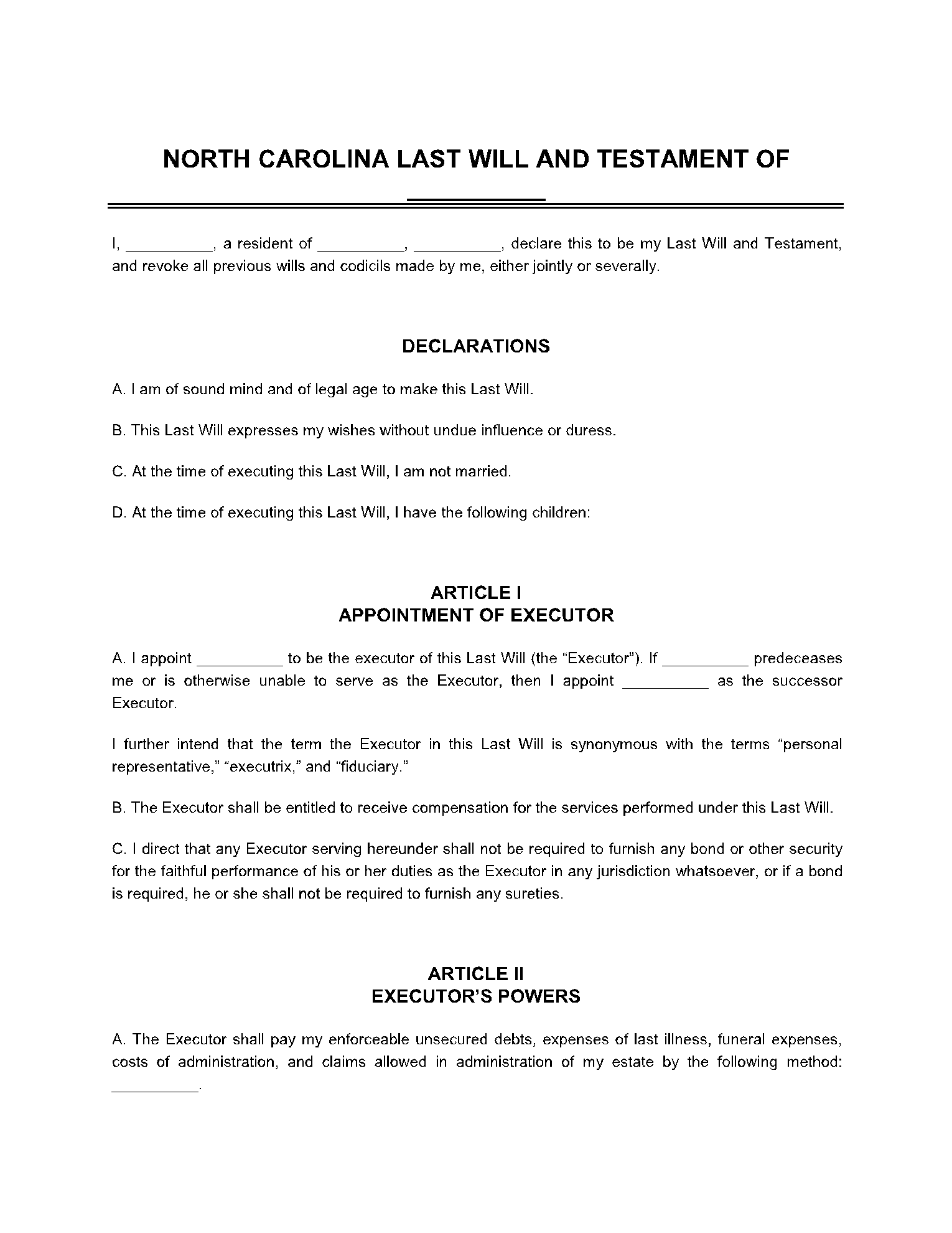 Last Will and Testament NC