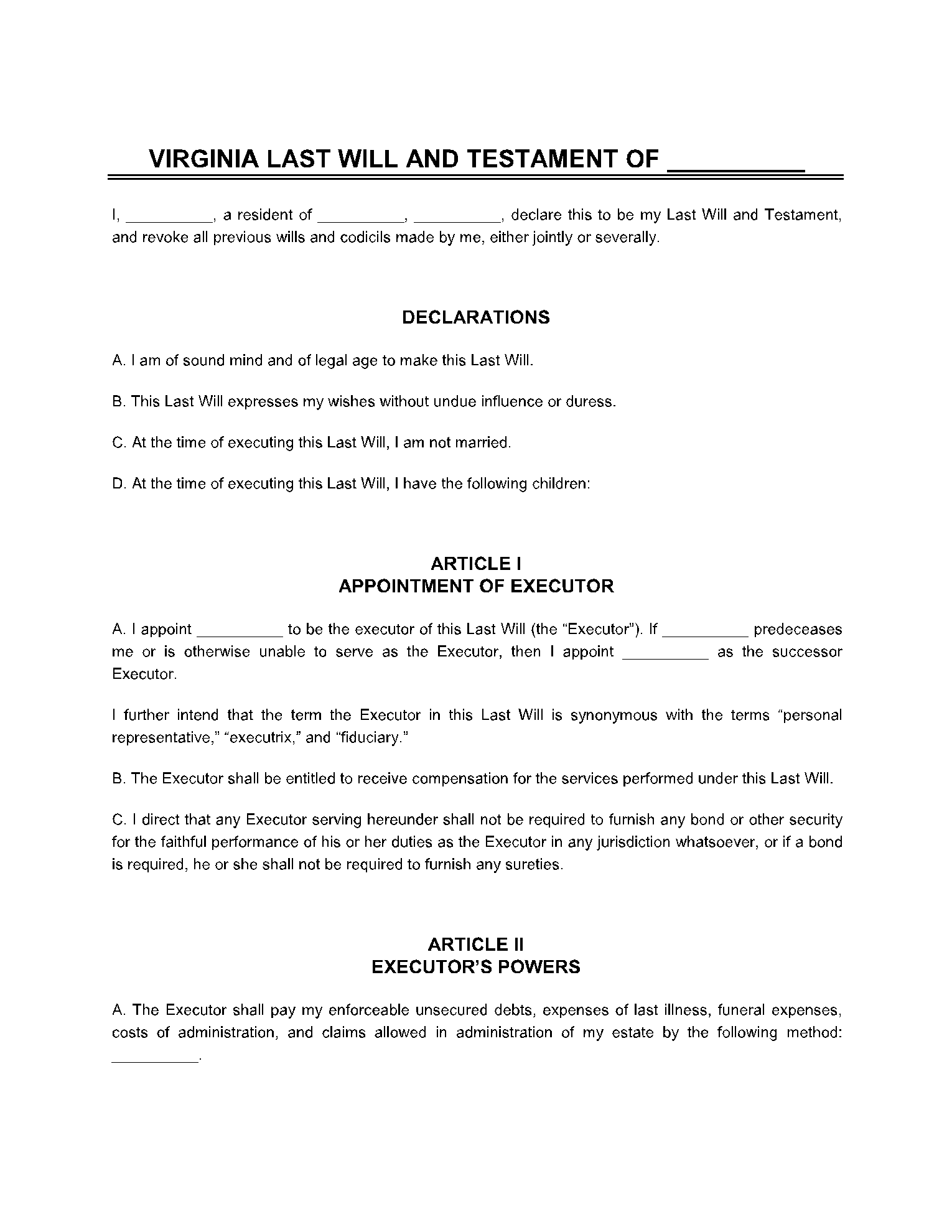 Last Will And Testament Template Virginia 1