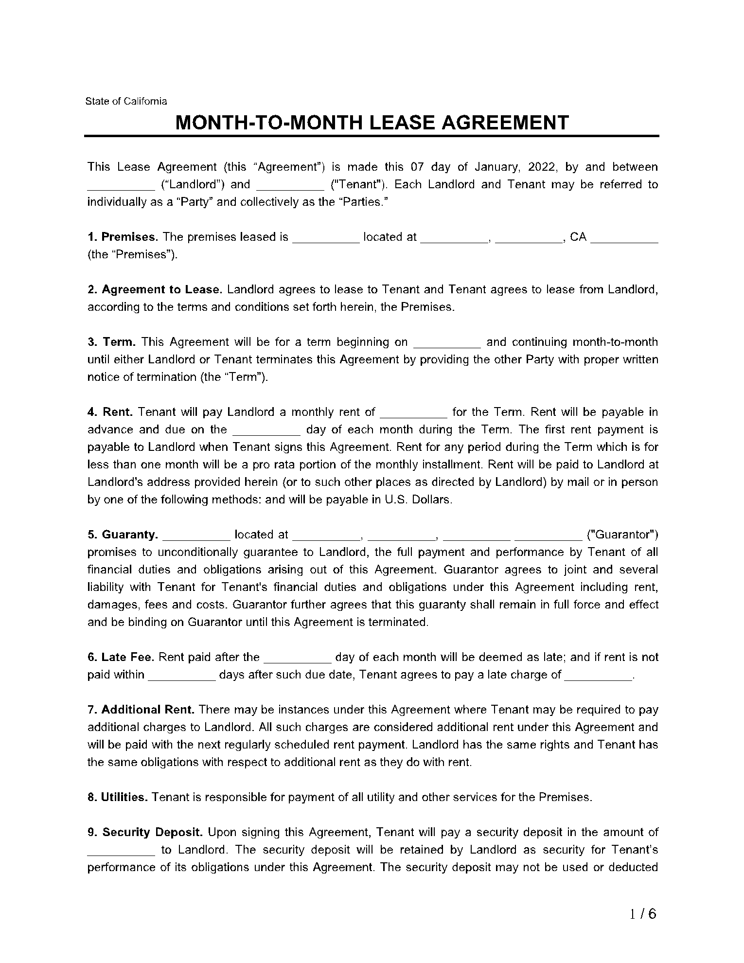 California Month To Month Rental Agreement 1