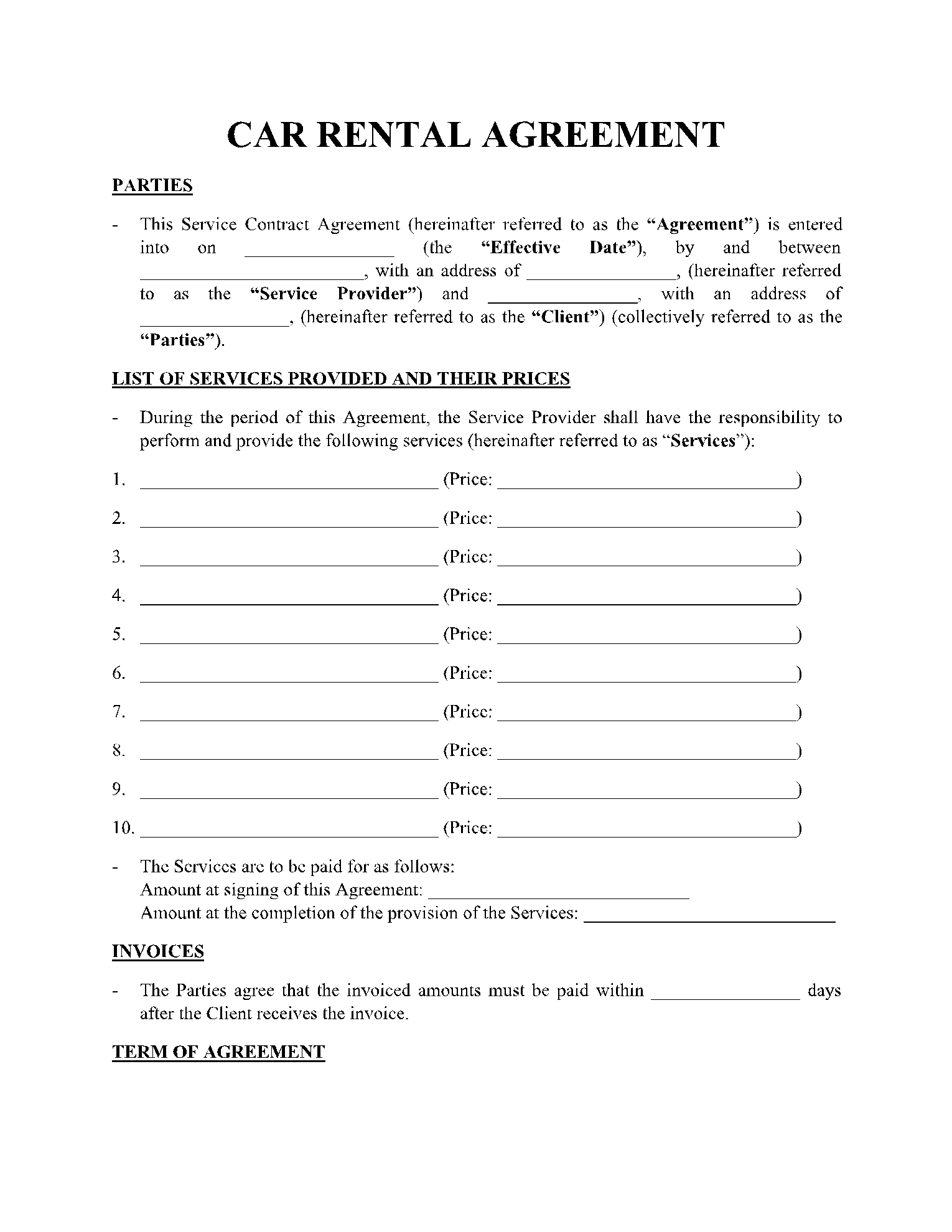 motor vehicle lease agreement template