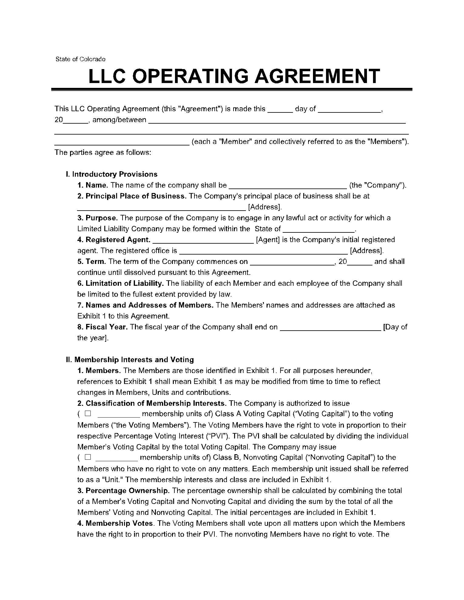 Operating Agreement for LLC Colorado 1