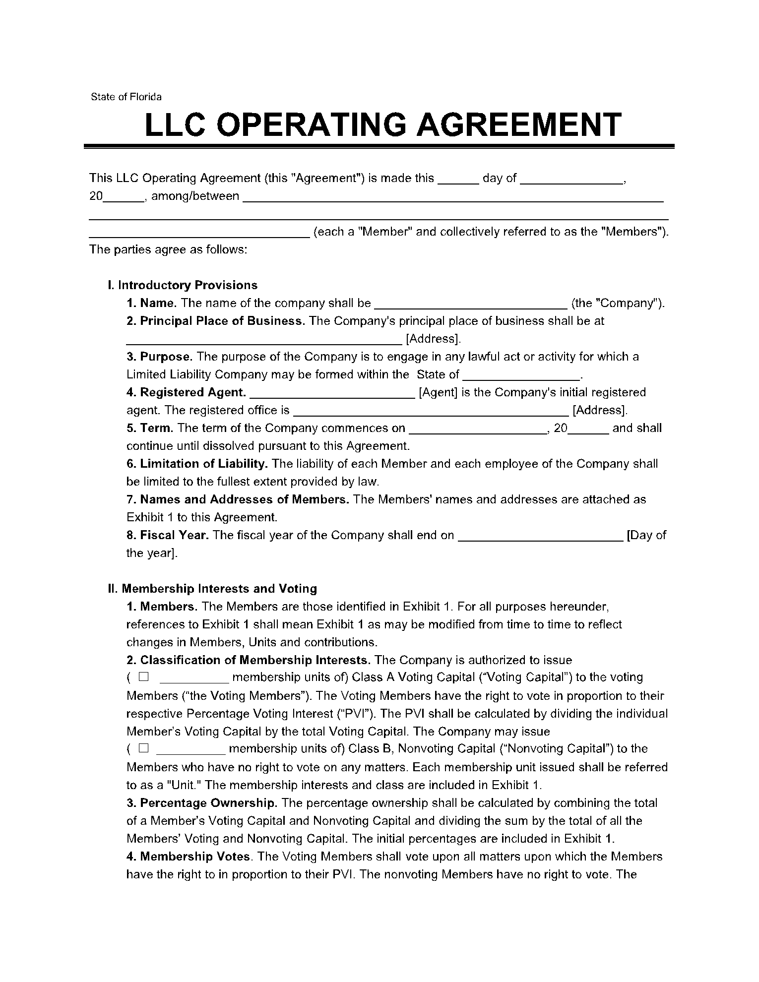Florida LLC Operating Agreement