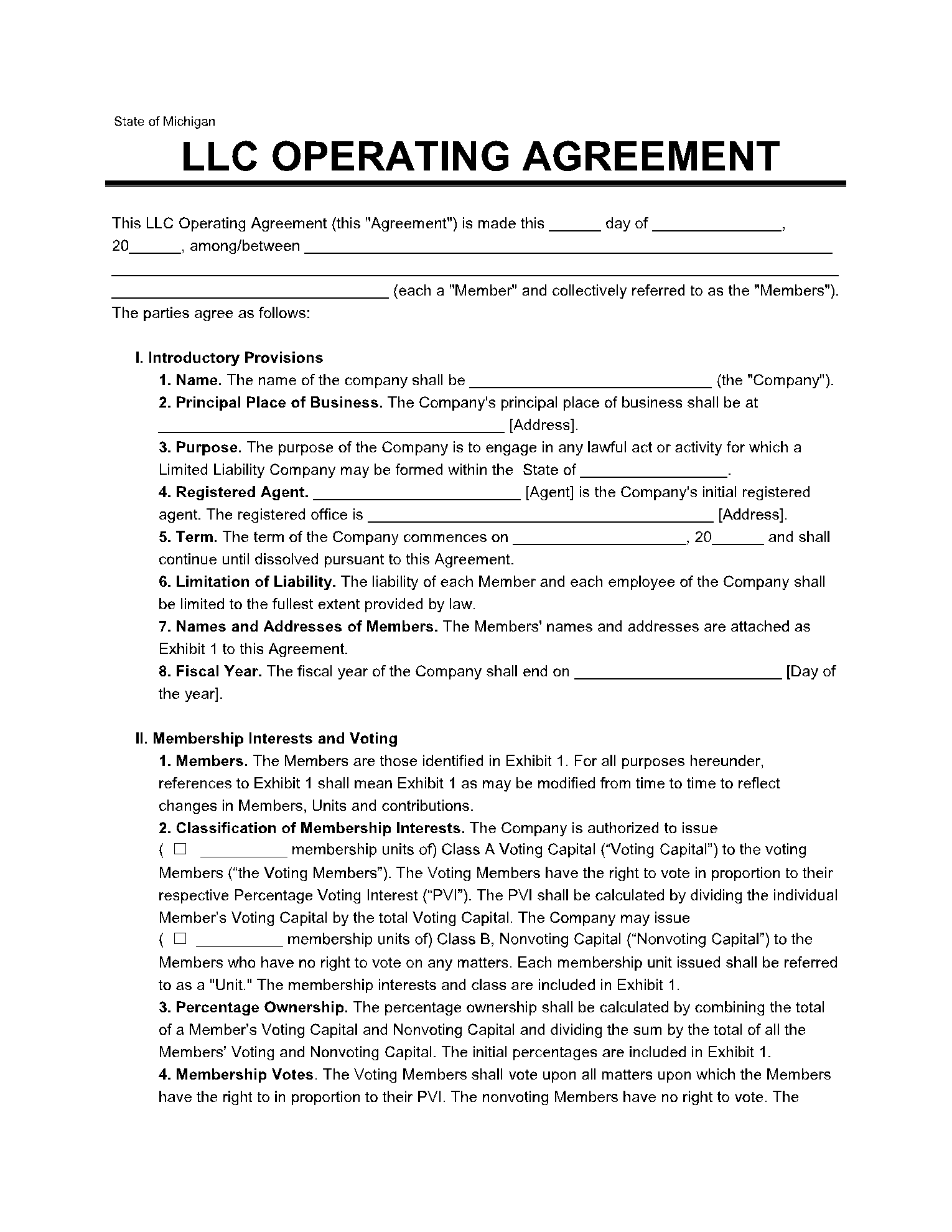 LLC Operating Agreement Michigan