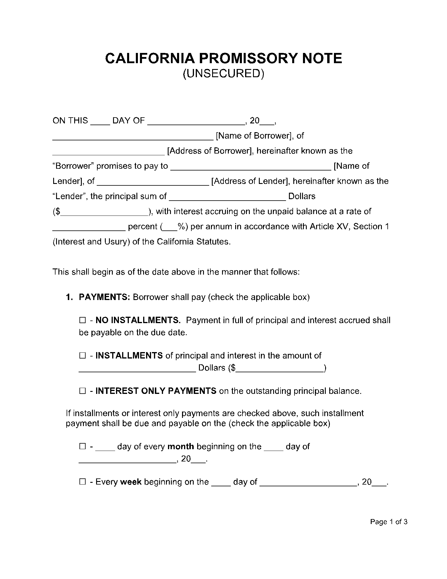 Simple Promissory Note Template California