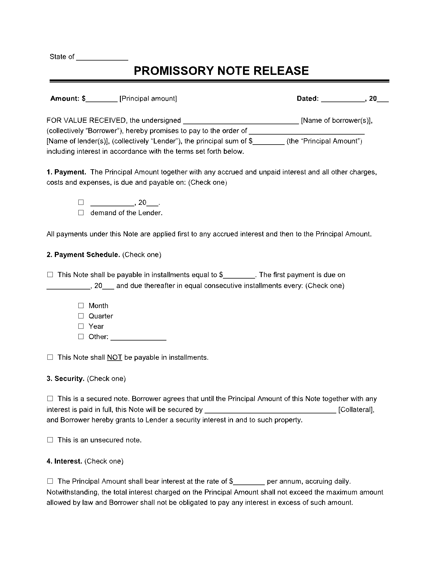 Free Promissory Note Release Form