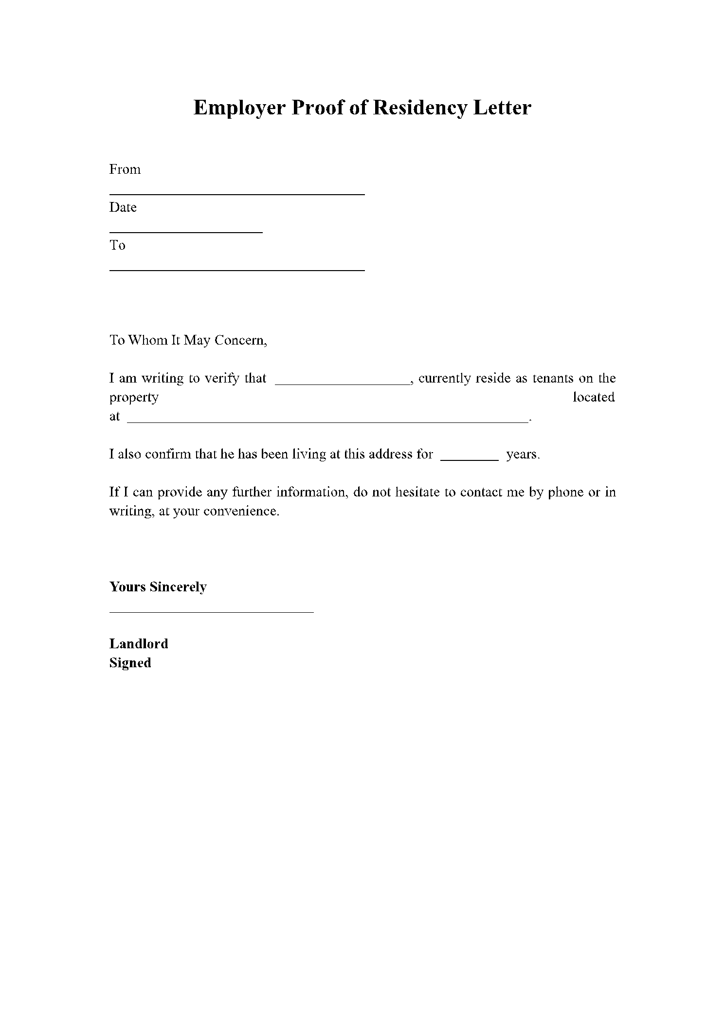 Proof of Residency Letter from Employer