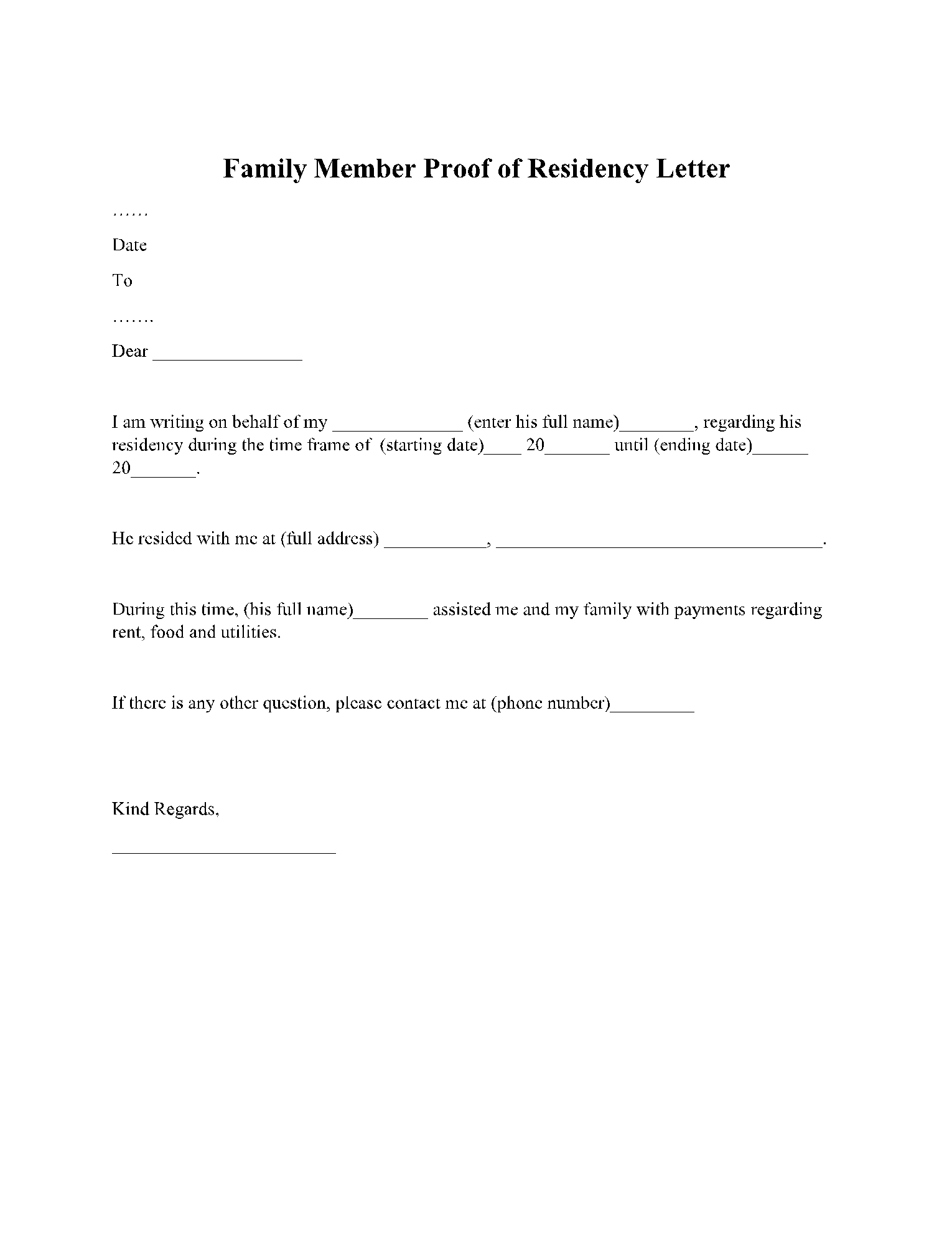 Family Member Proof of Residency Letter